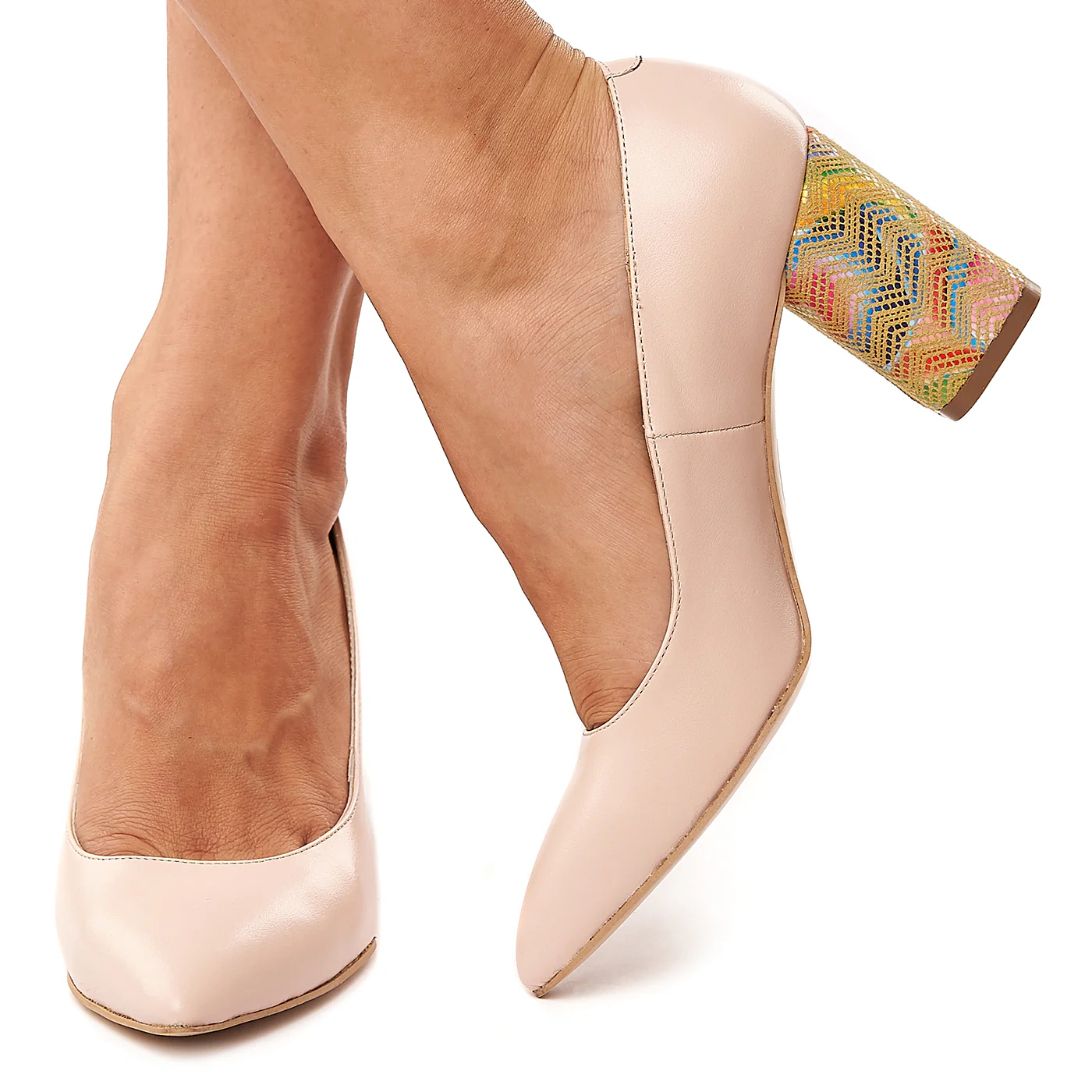 Pantofi dama din piele naturala bej toc colorat 4176 - Image 3