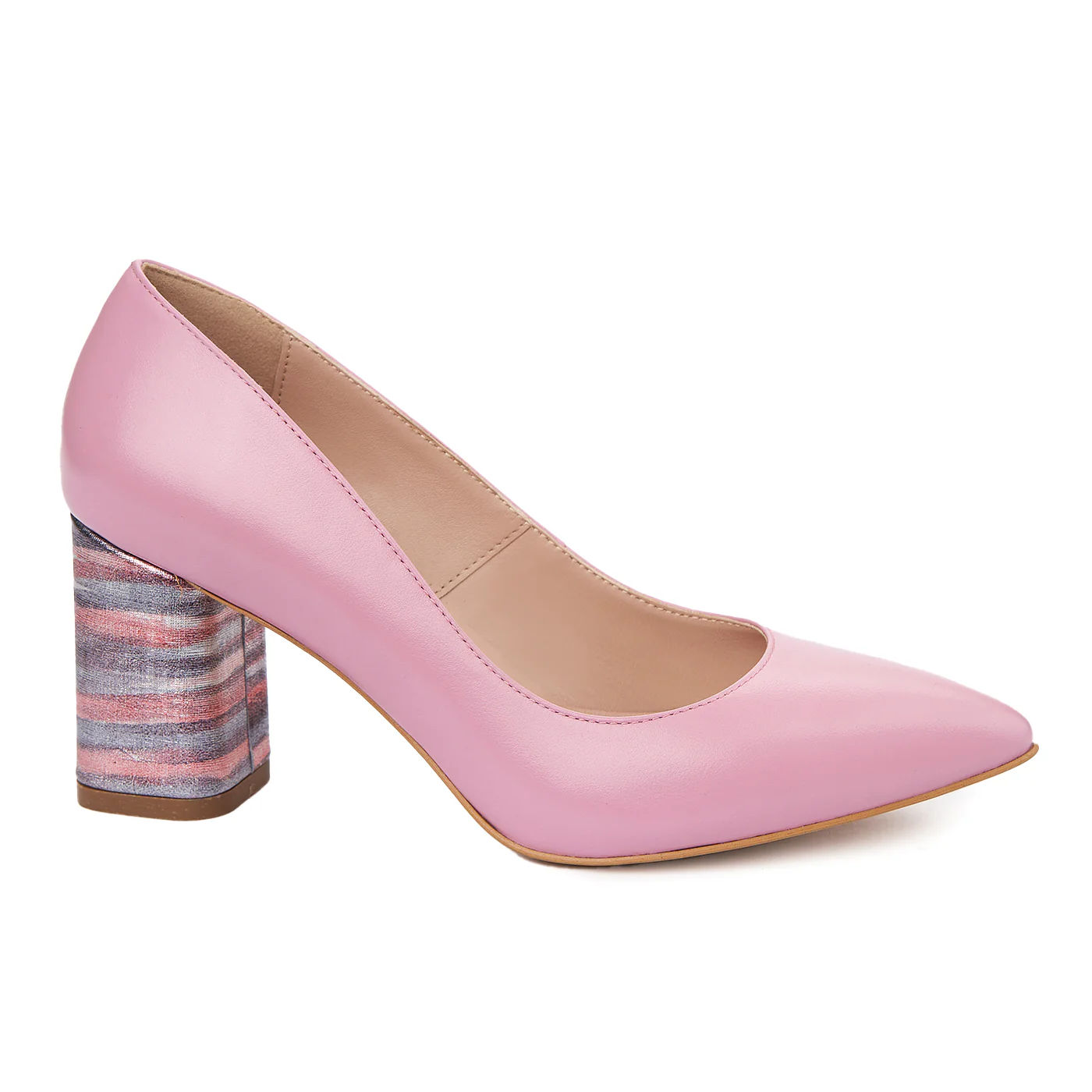 Pantofi dama din piele naturala roze cu toc imbracat 4932