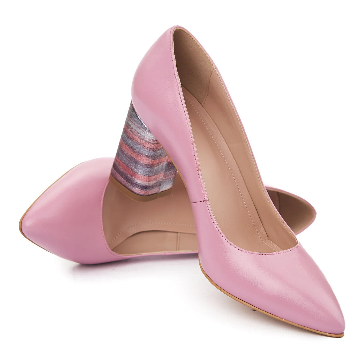 Pantofi dama din piele naturala roze cu toc imbracat 4932 - Image 4