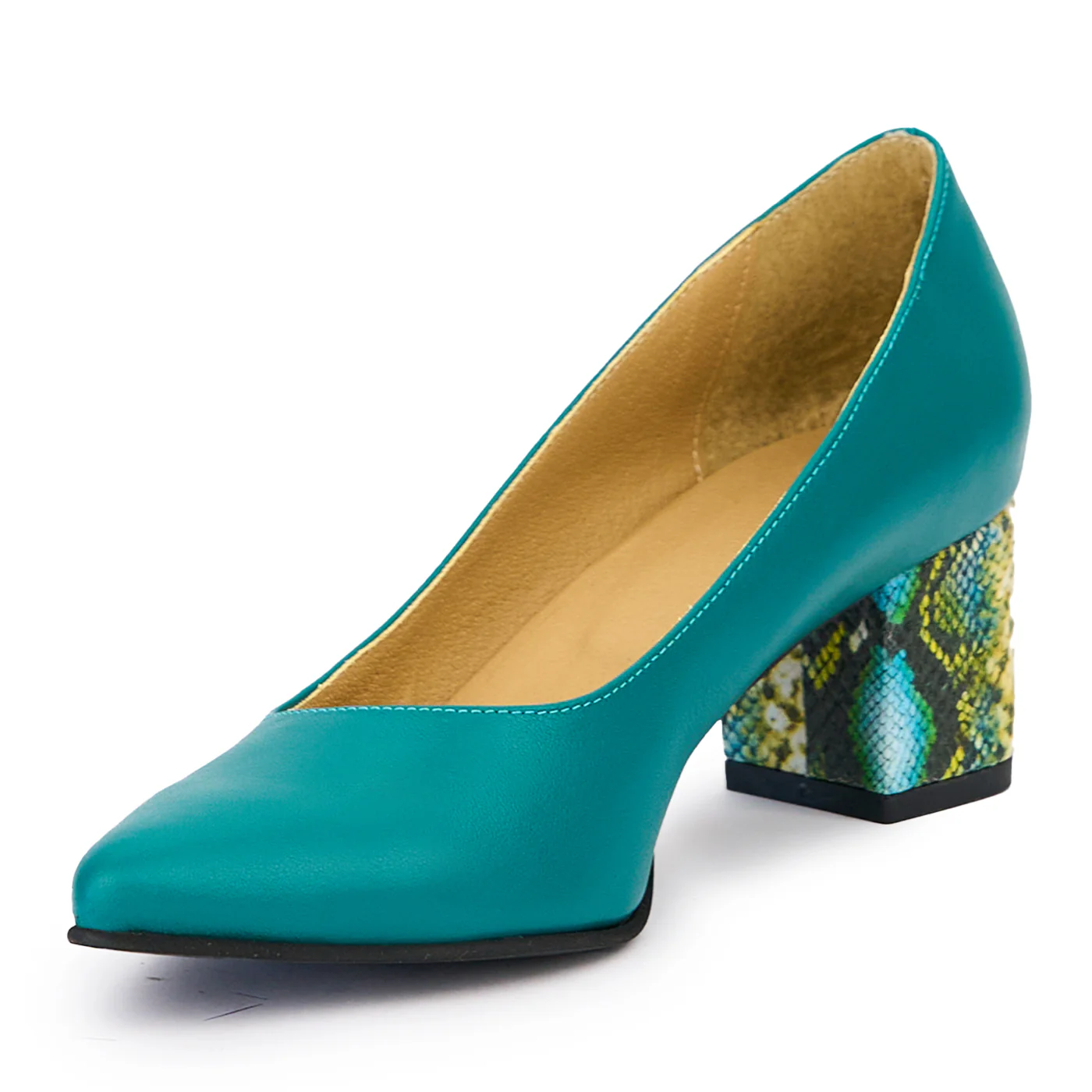 Pantofi dama din piele naturala turcoaz cu toc gros 6 cm 14474 - Image 3