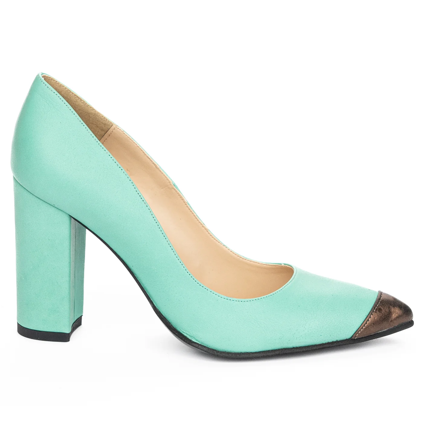 Pantofi dama din piele naturala turcoaz cu toc gros 9.5 cm 13925