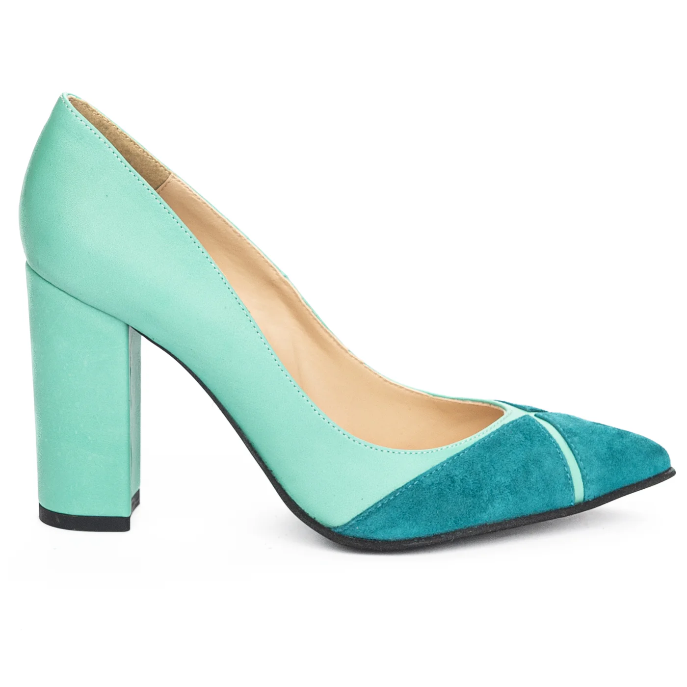 Pantofi dama din piele naturala turcoaz cu toc gros 9.5 cm 13926
