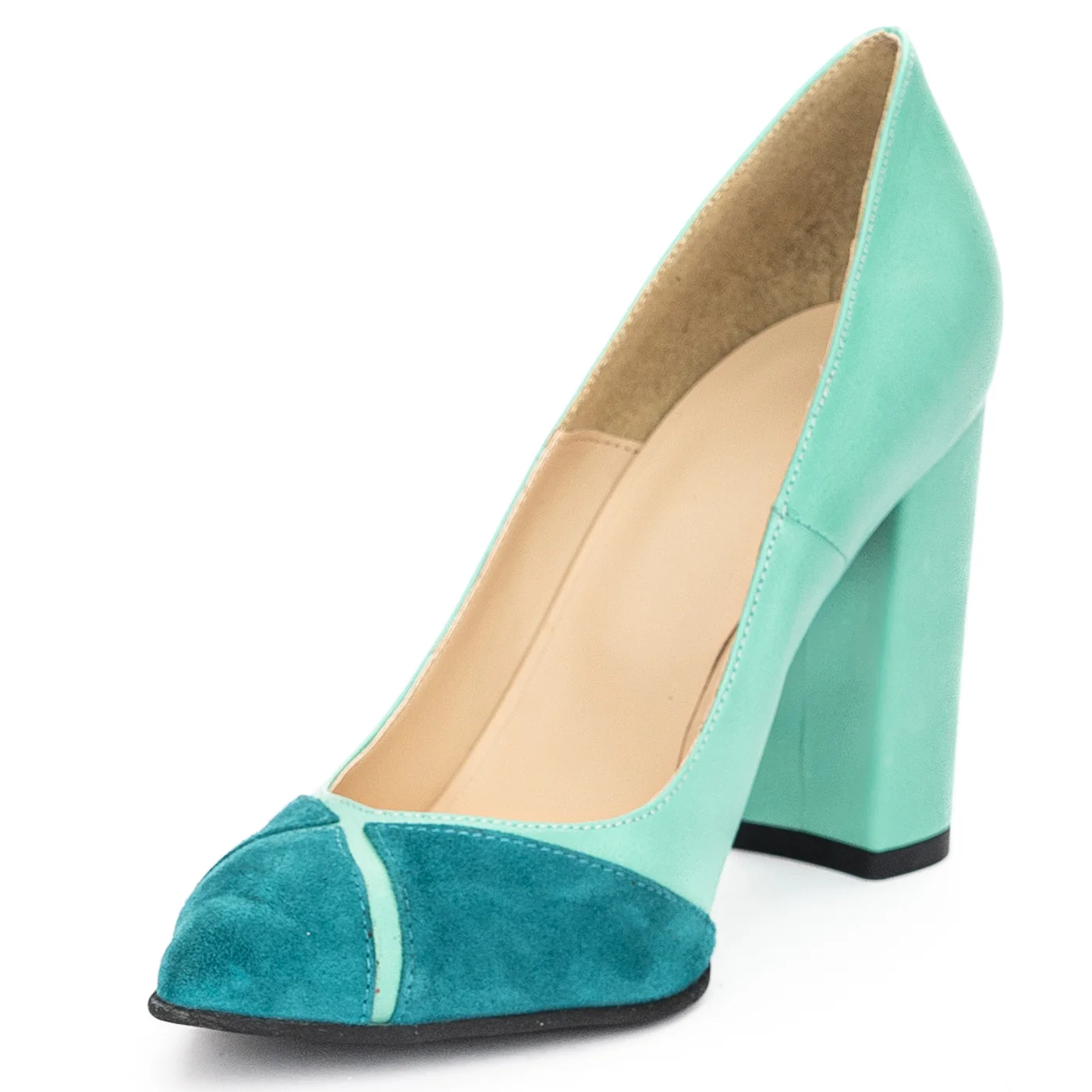 Pantofi dama din piele naturala turcoaz cu toc gros 9.5 cm 13926 - Image 3