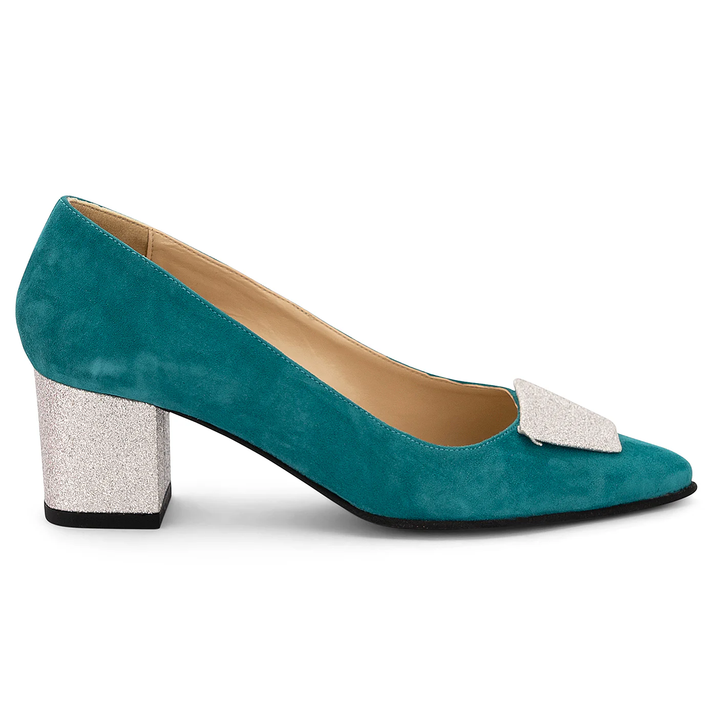 Pantofi dama din piele naturala turcoaz cu toc gros de 6 cm 14121
