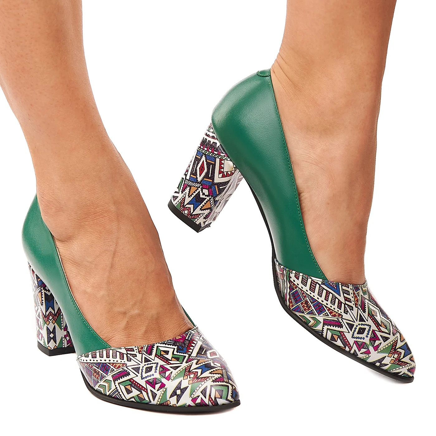 Pantofi dama din piele naturala verde cu toc colorat 4187 - Image 2