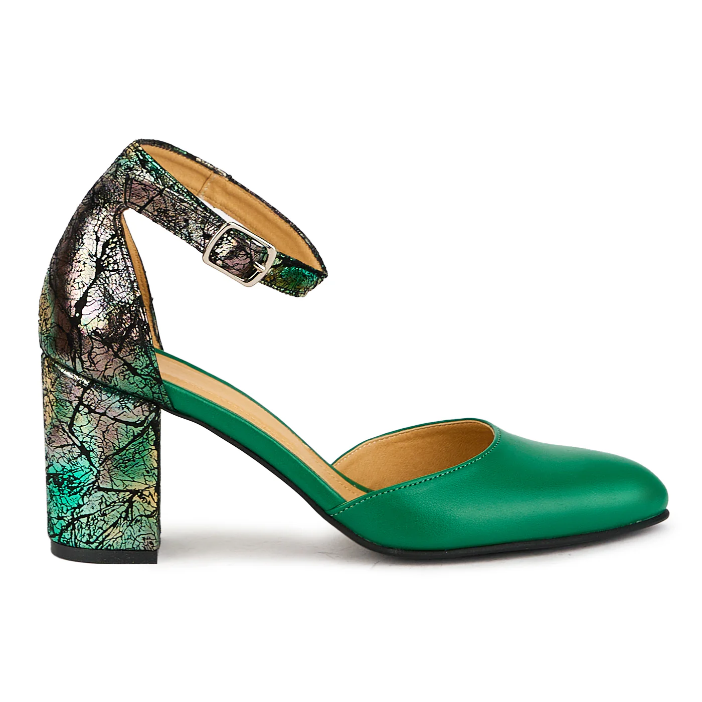 Pantofi dama din piele naturala verde cu toc gros 7.5 cm 17390