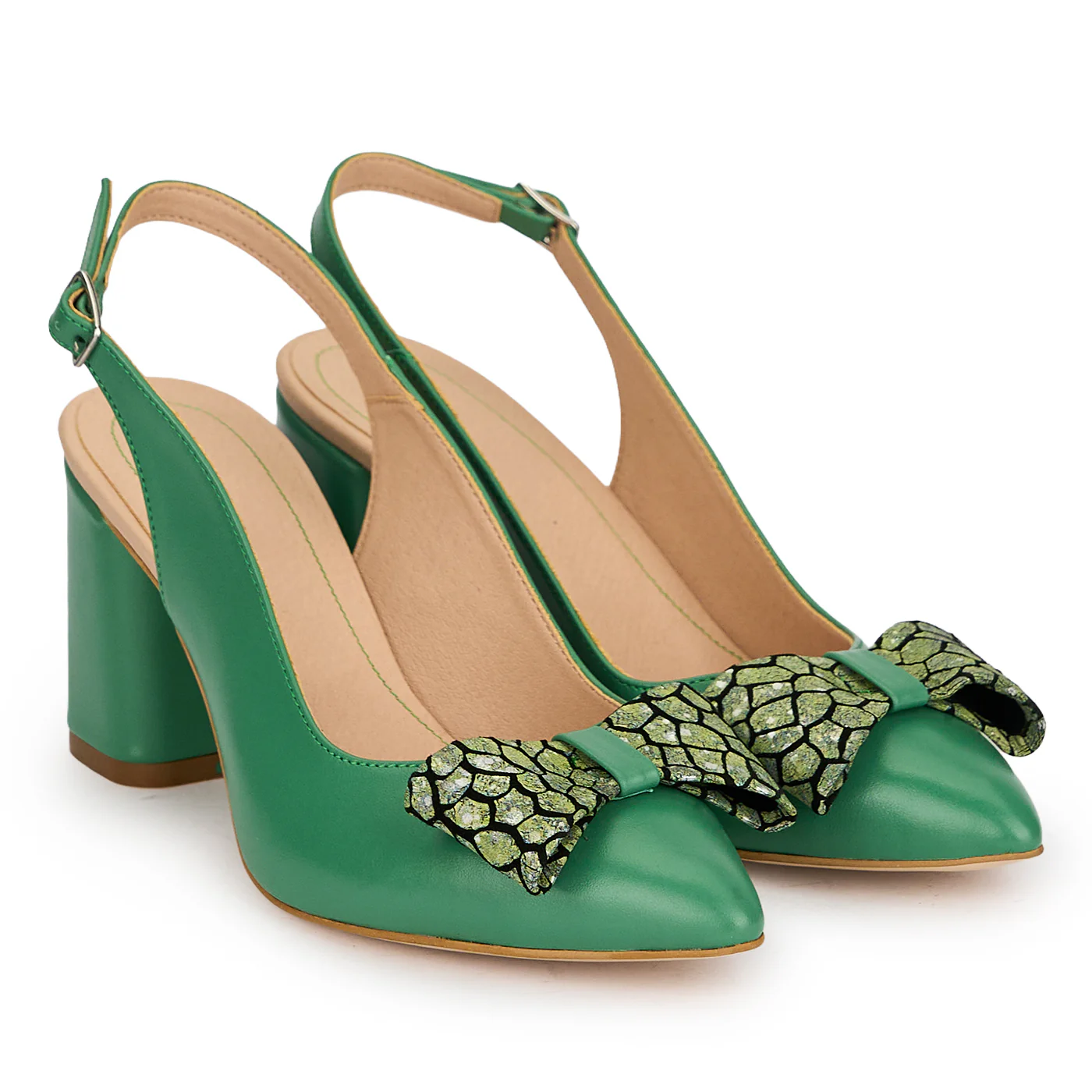 Pantofi damă din piele naturală verde cu toc gros 7 cm 19579 - Image 4