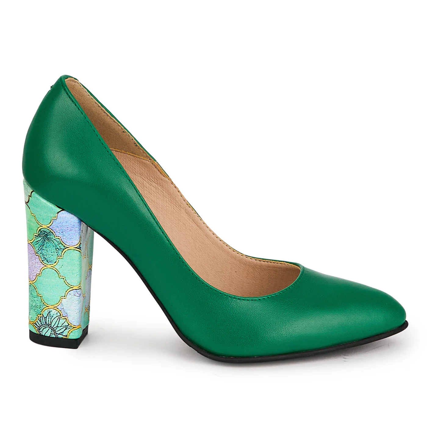 Pantofi dama din piele naturala verde cu toc gros 9.5 cm 18692