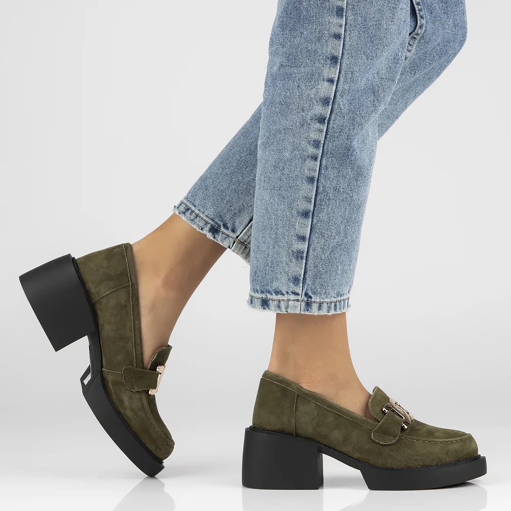Pantofi dama din piele naturala verde - kaki cu toc gros 7 cm 14128