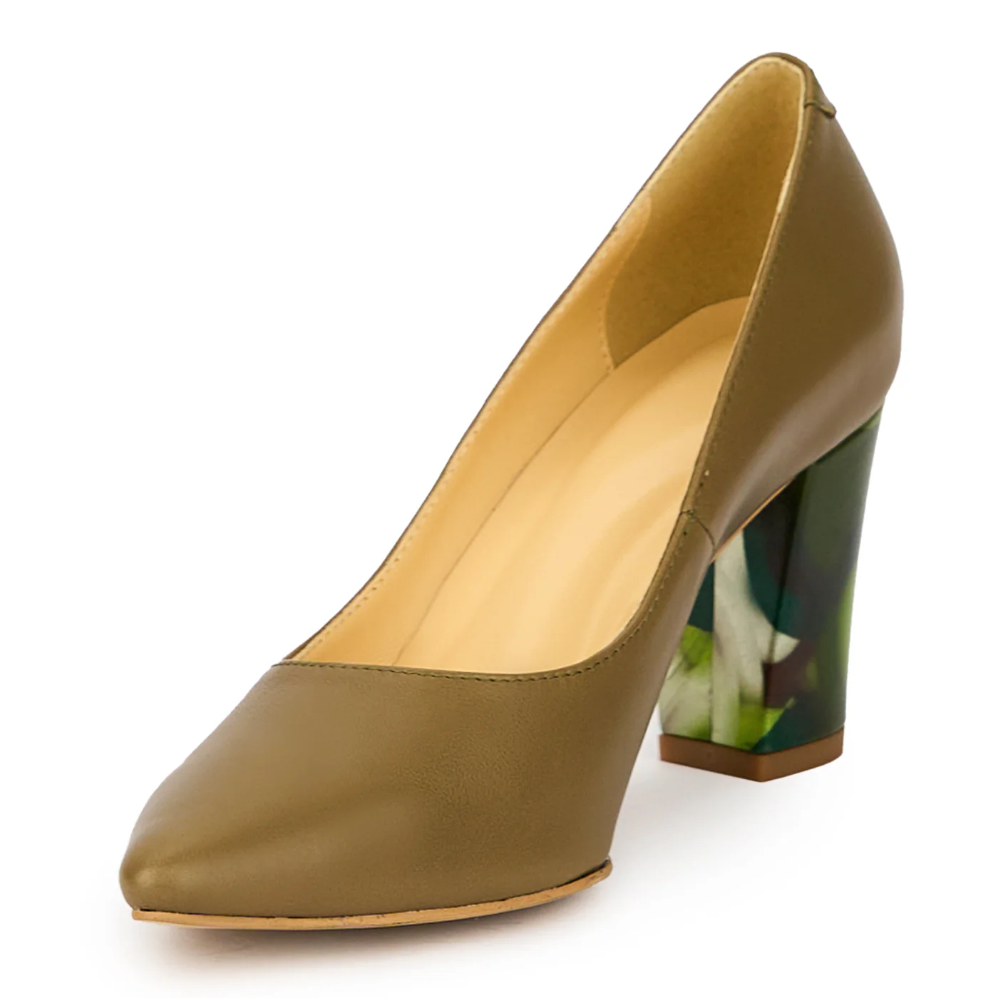 Pantofi dama din piele naturala verde maslina cu toc gros 7.5 cm 15705 - Image 3