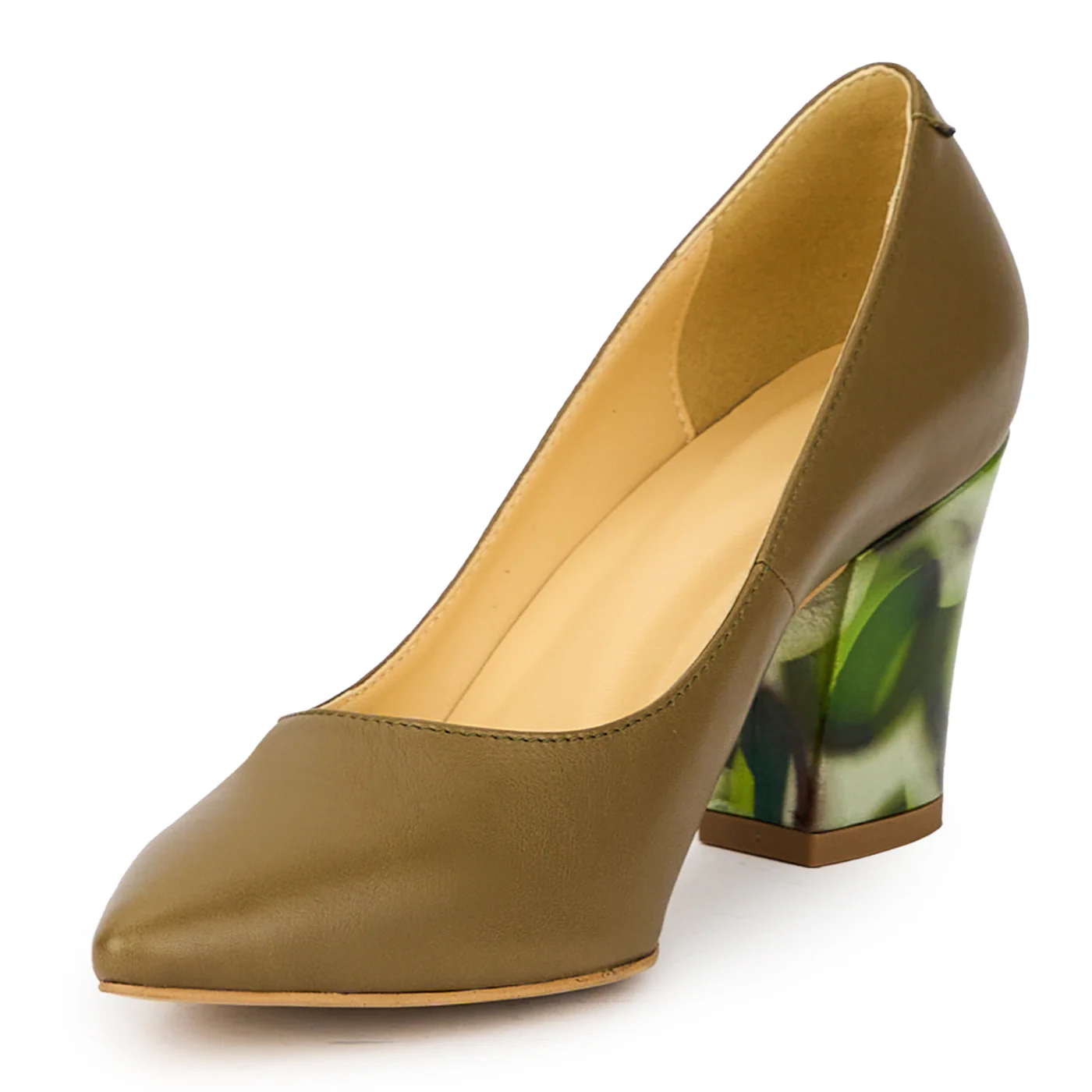 Pantofi dama din piele naturala verde maslina cu toc gros 7.5 cm 15706 - Image 3