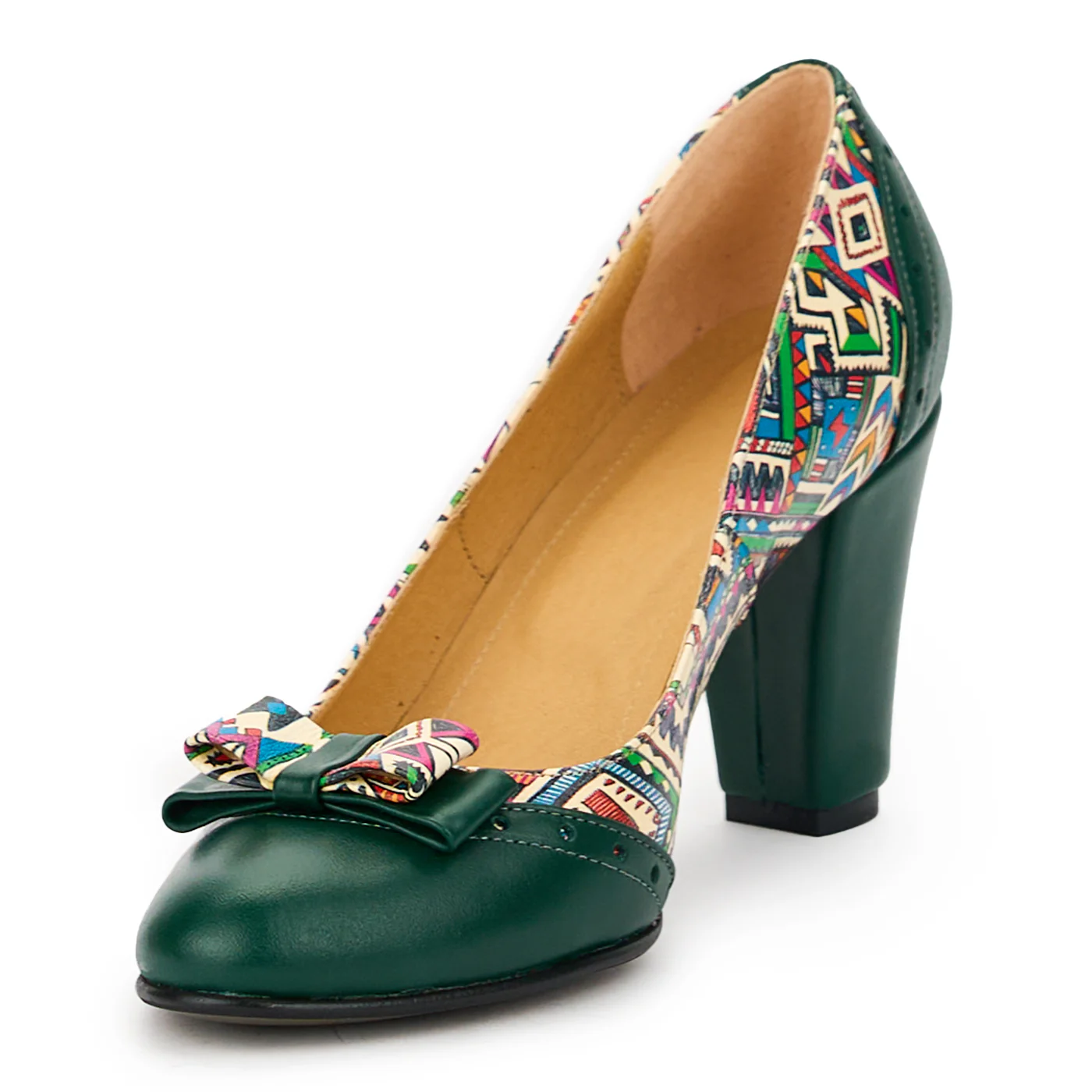 Pantofi dama din piele naturala verde - multicolor cu toc gros 8 cm 14864 - Image 3