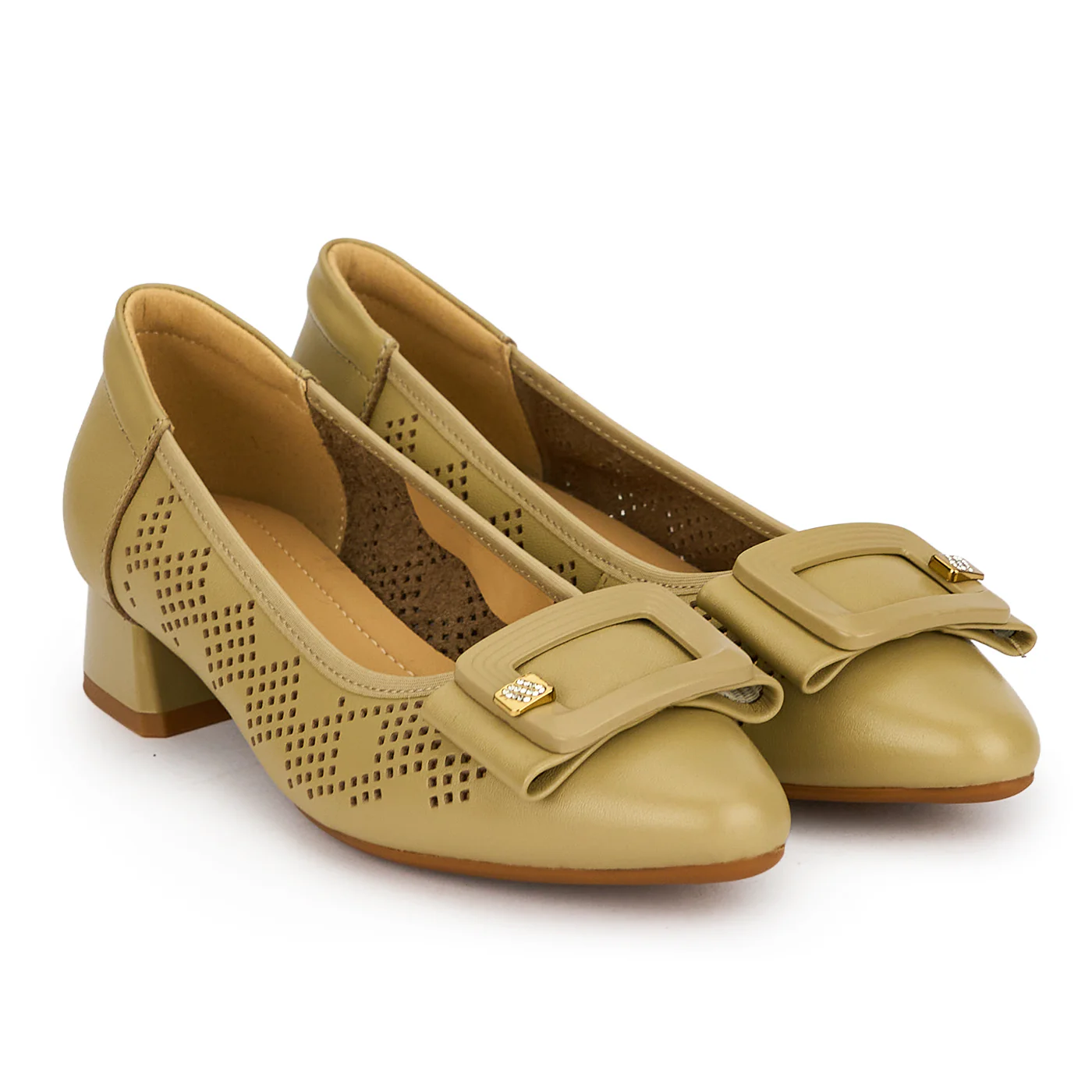 Pantofi dama din piele naturala verde perforata cu toc mic 3 cm 19593 - Image 4