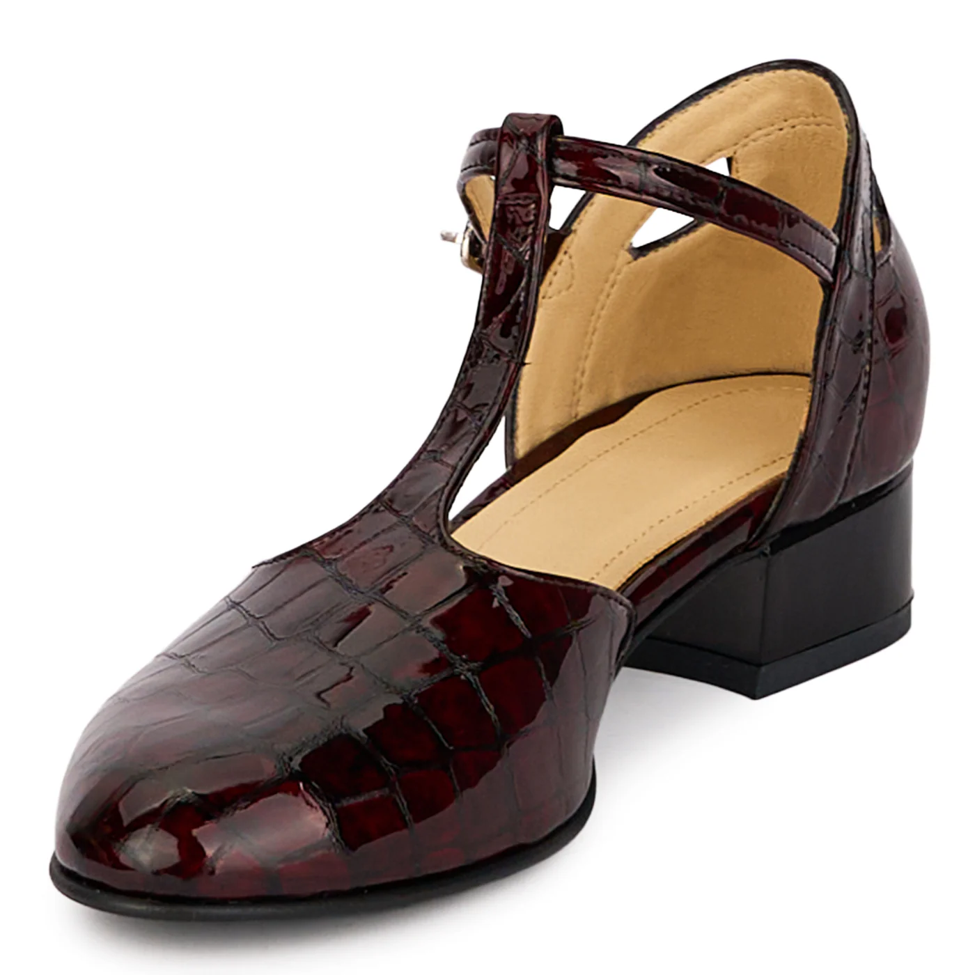 Pantofi dama din piele naturala visinie decupati lateral cu toc gros 3 cm 18502 - Image 3