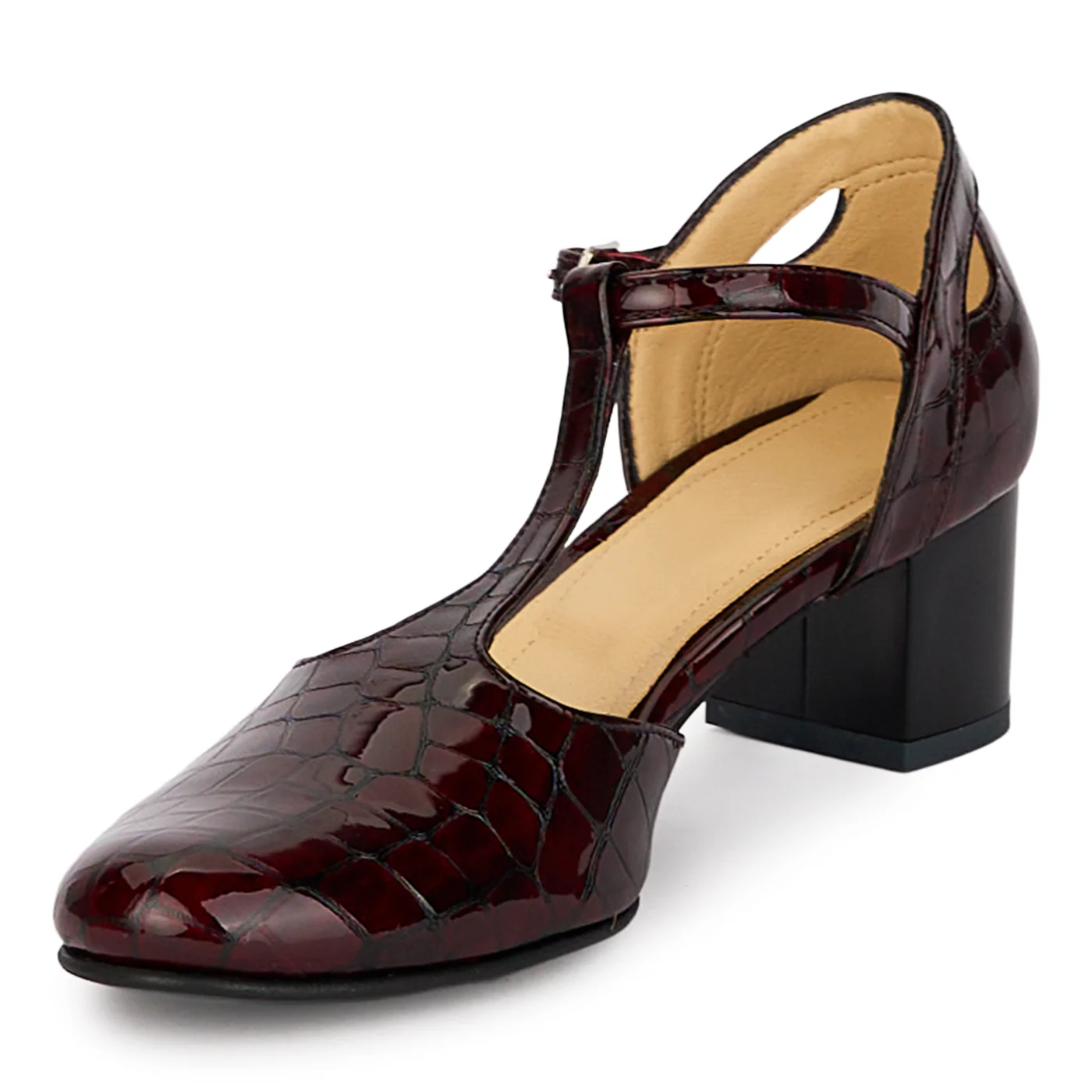 Pantofi dama din piele naturala visinie decupati lateral cu toc gros 4.5 cm 18503 - Image 3