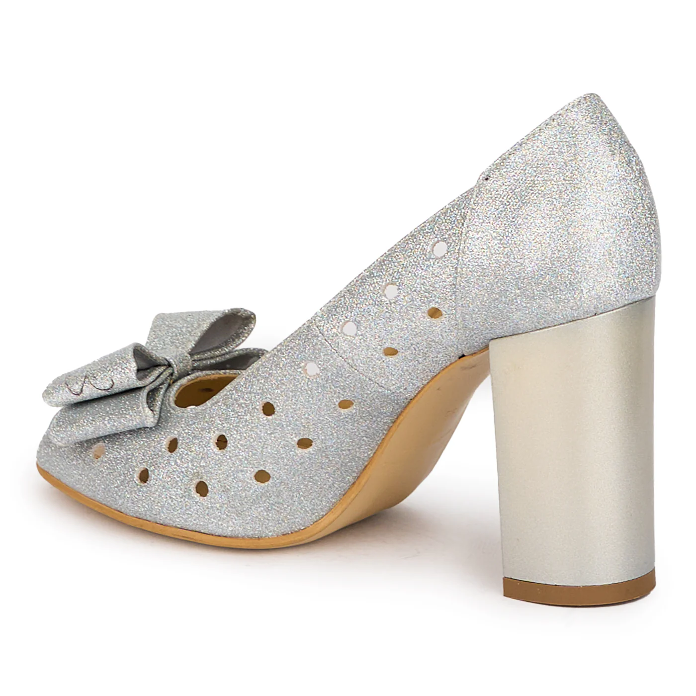 Pantofi decupati dama din piele naturala argintie cu toc gros 8 cm 18081 - Image 2