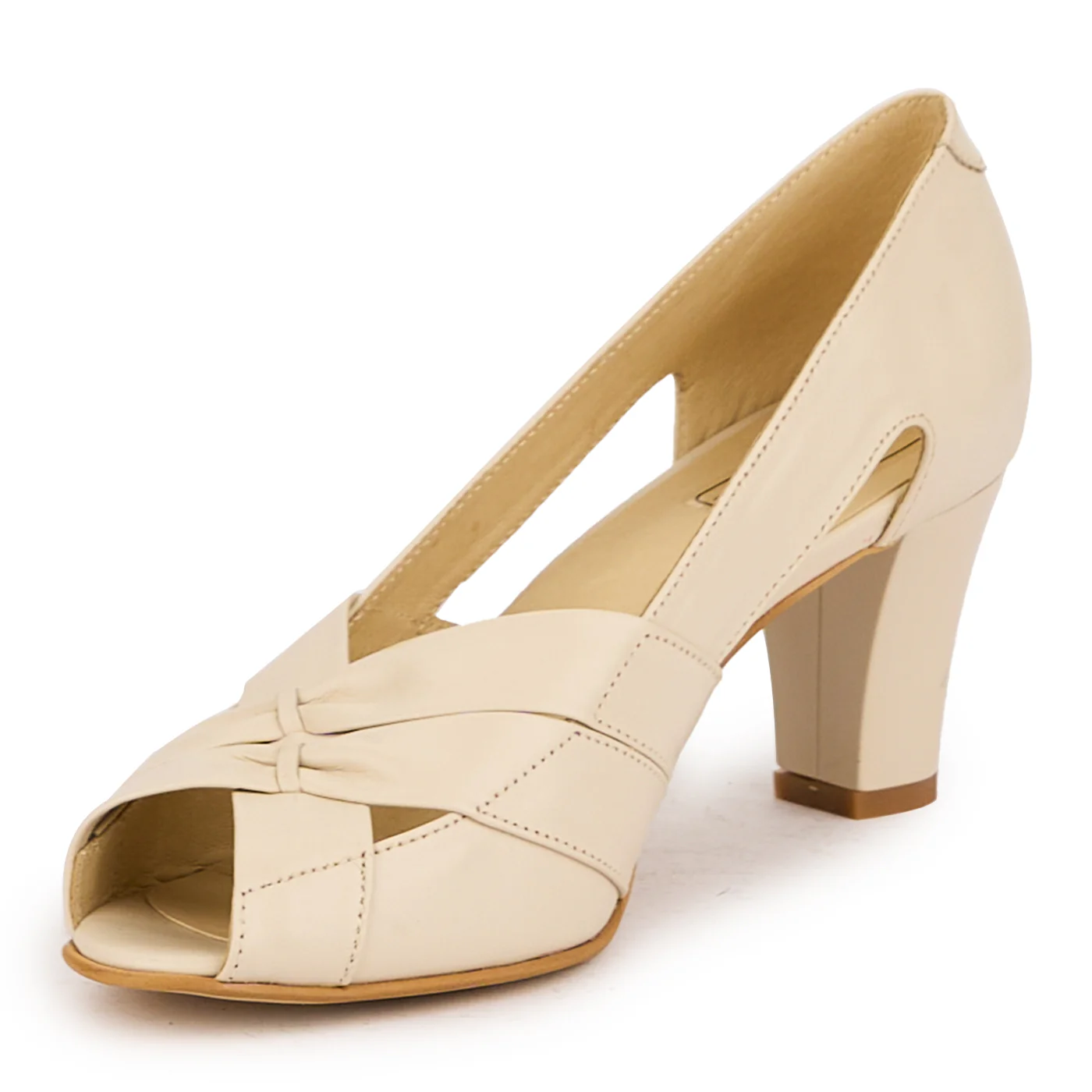 Pantofi decupati dama din piele naturala crem cu toc gros 6.5 cm 16770 - Image 3