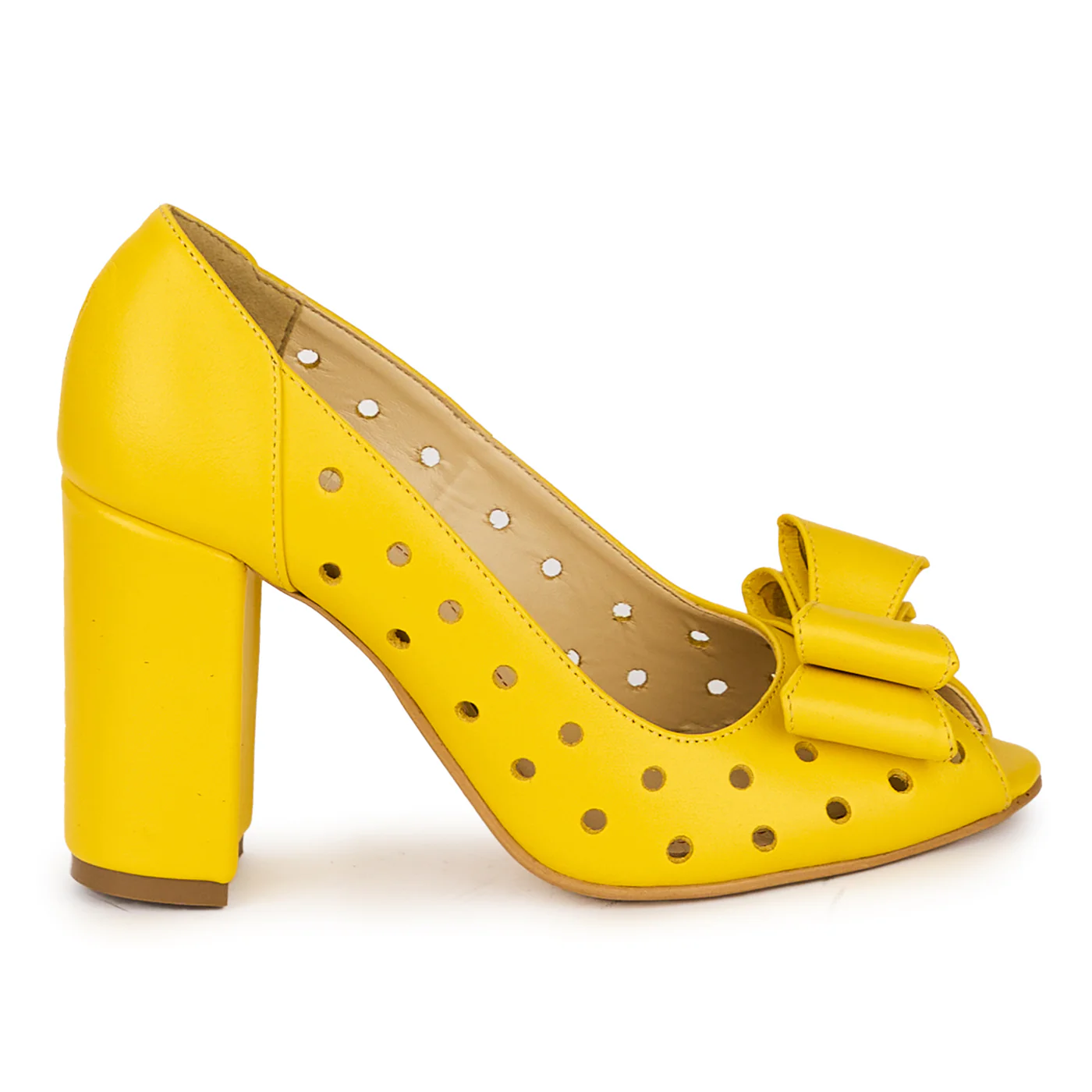 Pantofi decupati dama din piele naturala galbena cu toc gros 8 cm 18080