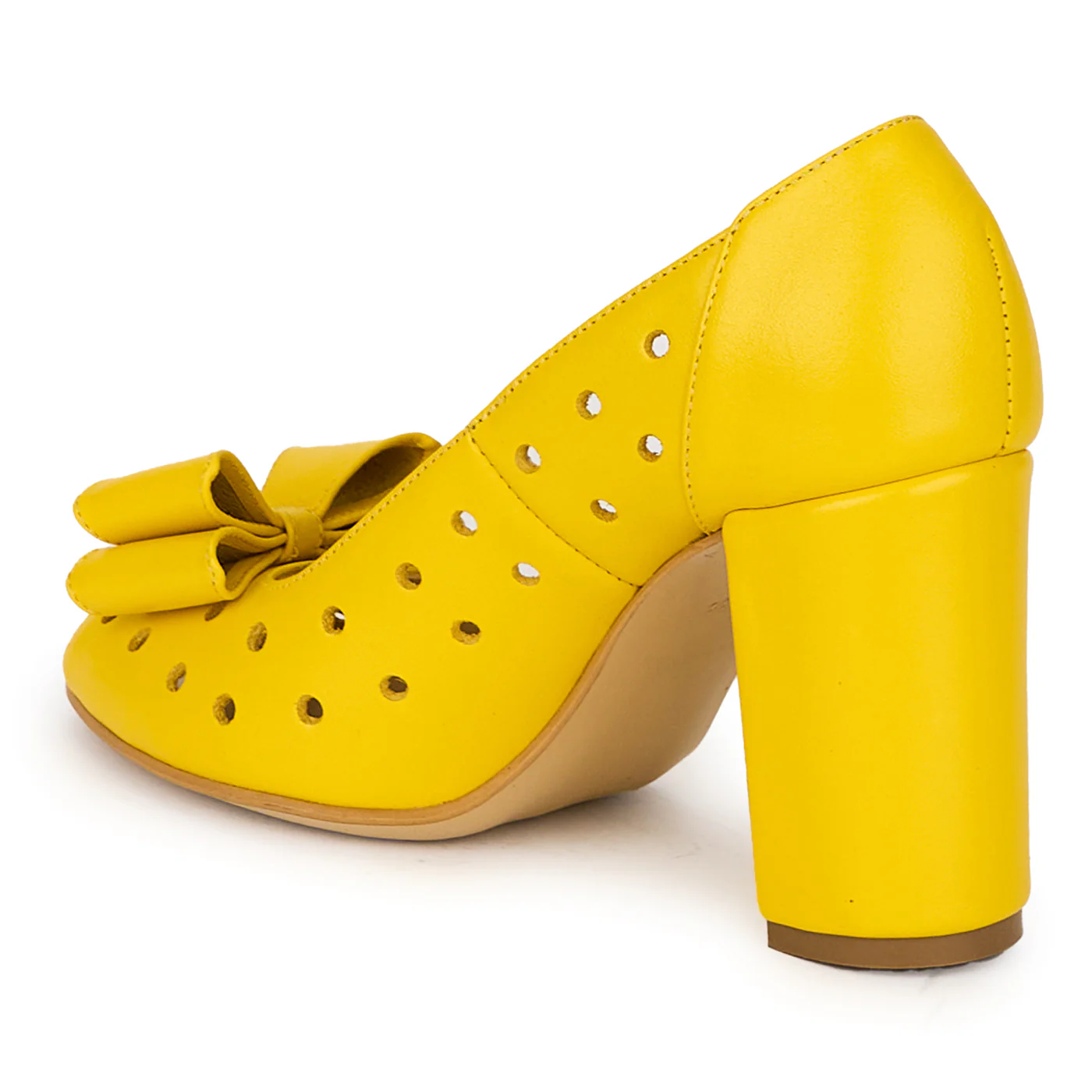 Pantofi decupati dama din piele naturala galbena cu toc gros 8 cm 18080 - Image 2