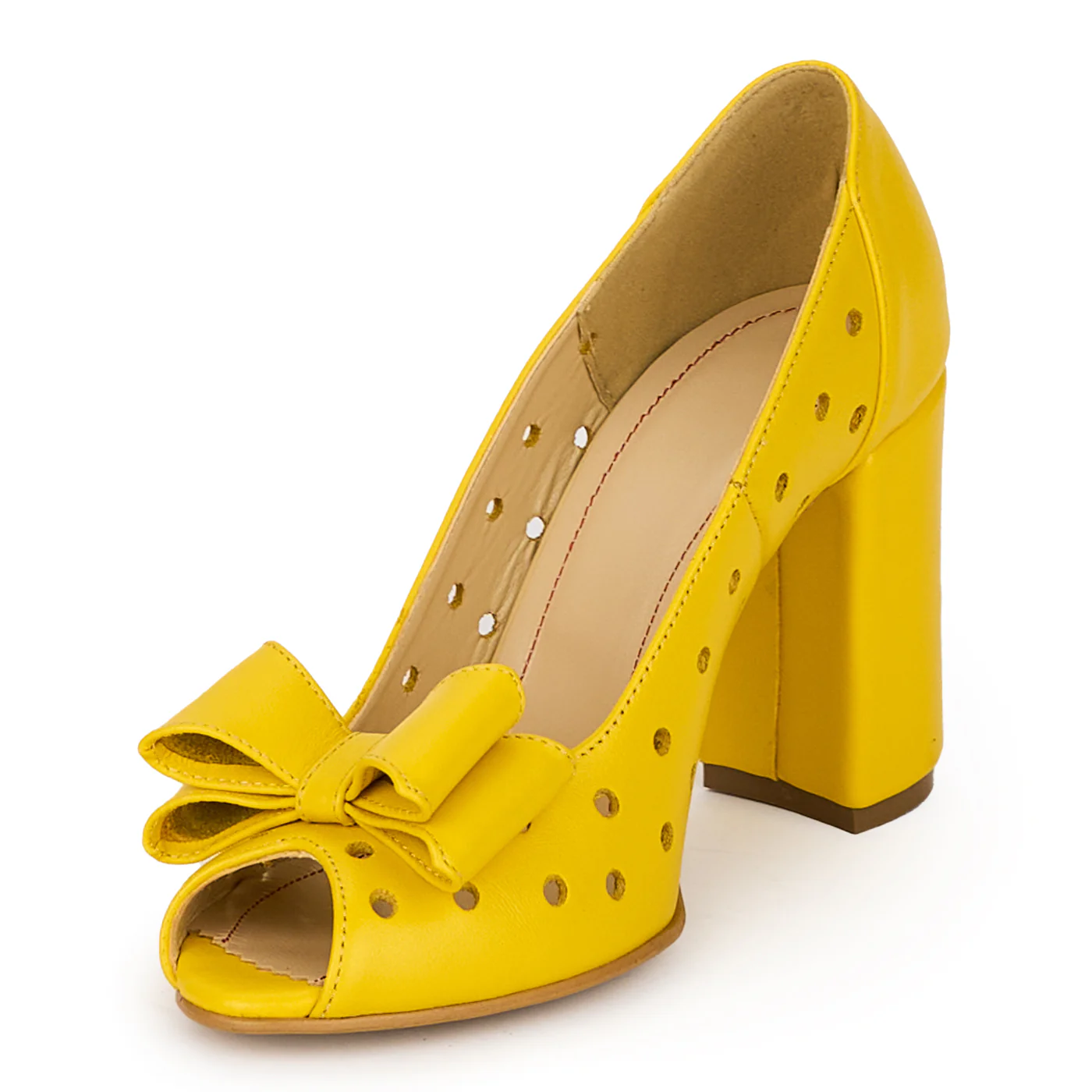 Pantofi decupati dama din piele naturala galbena cu toc gros 8 cm 18080 - Image 3