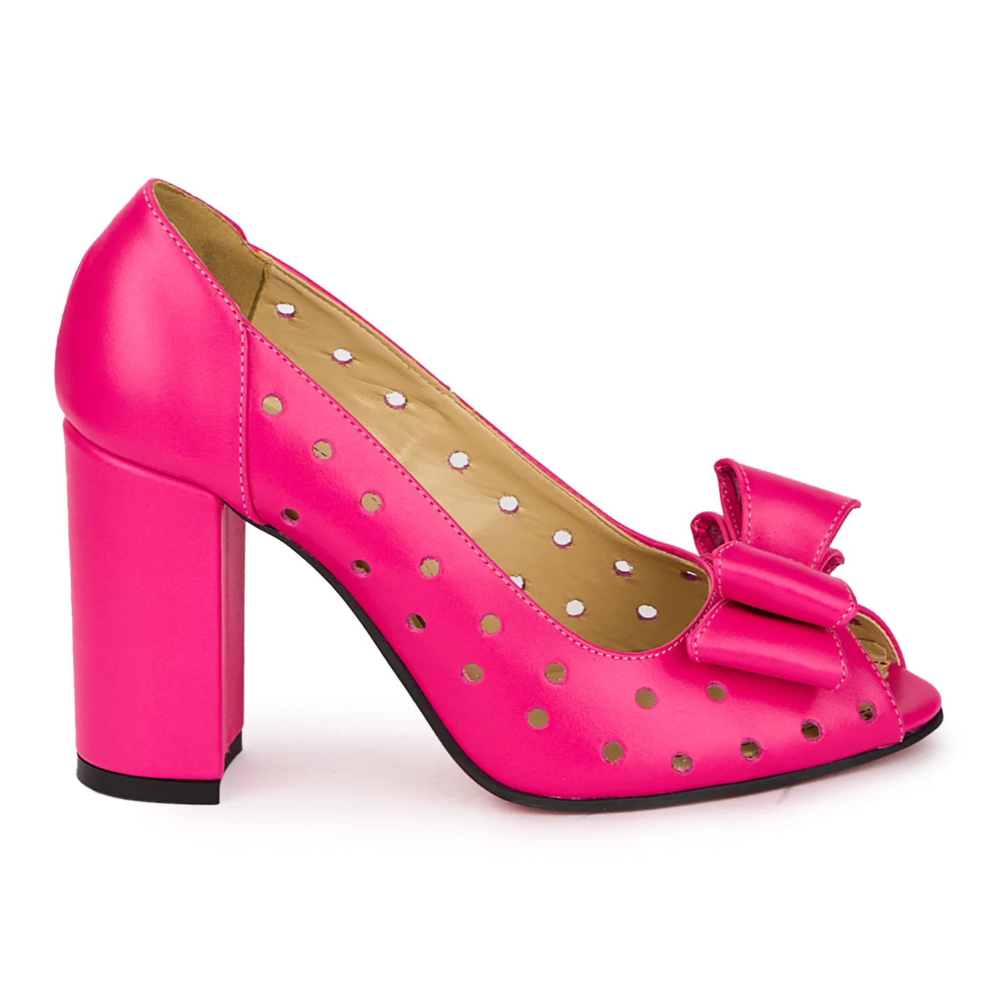 Pantofi decupati dama din piele naturala roz cu toc gros 8 cm 18079