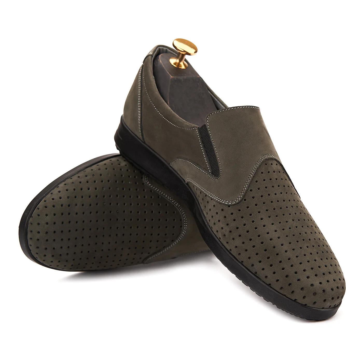 Pantofi din piele naturala perforata kaki 1016 - Image 4