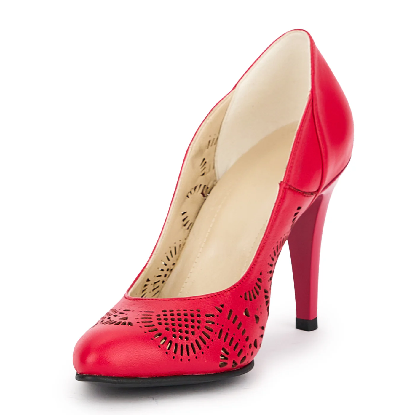 Pantofi perforati dama din piele naturala rosu cu toc subtire 9.5 cm 17035 - Image 3
