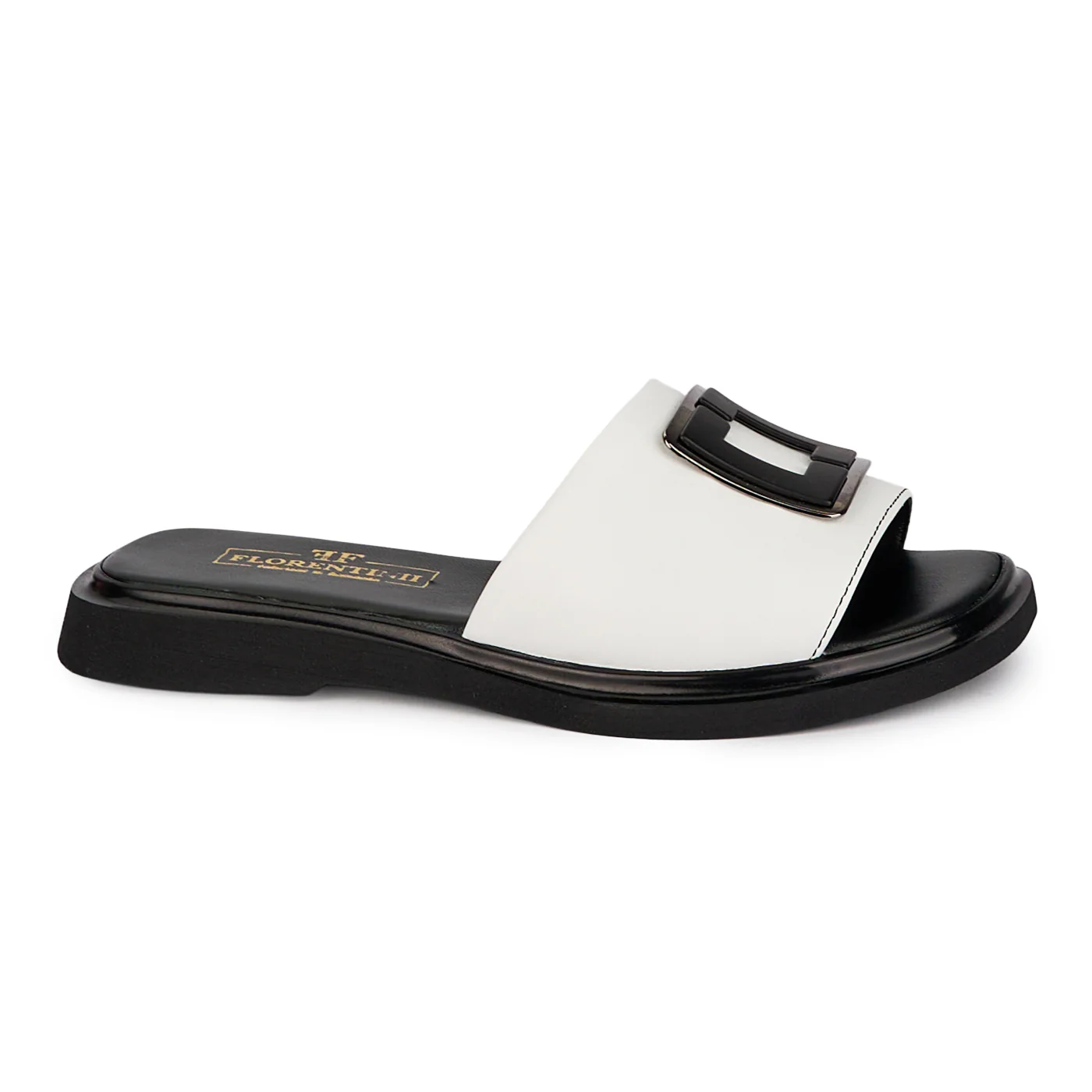 Papuci dama din piele naturala alba cu accesoriu 18400