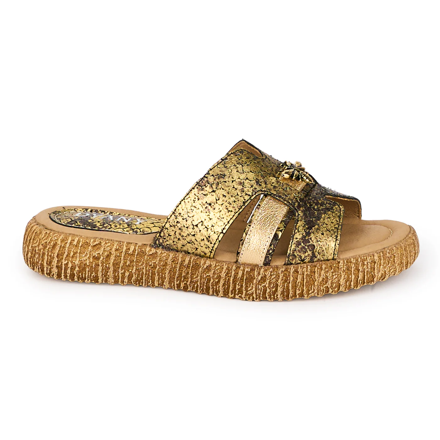 Papuci dama din piele naturala aurie cu accesoriu 18362