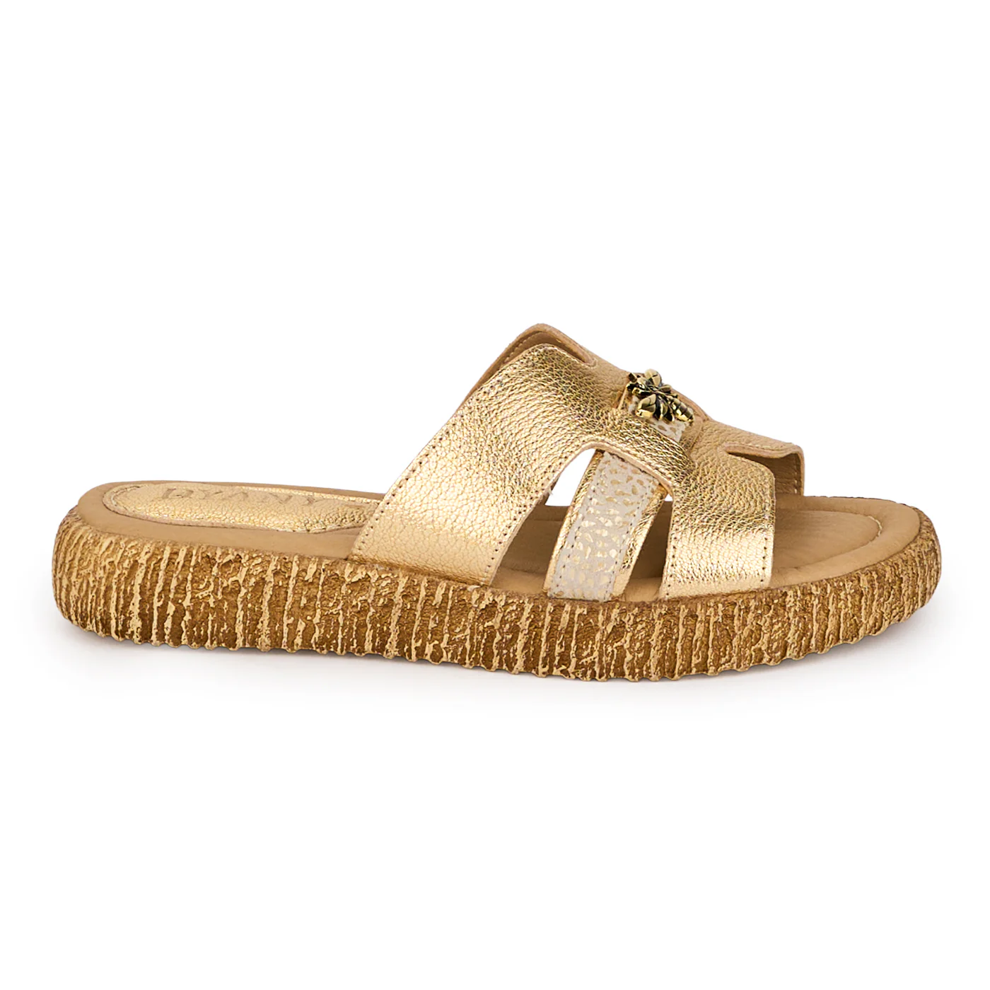 Papuci dama din piele naturala aurie cu accesoriu 18364
