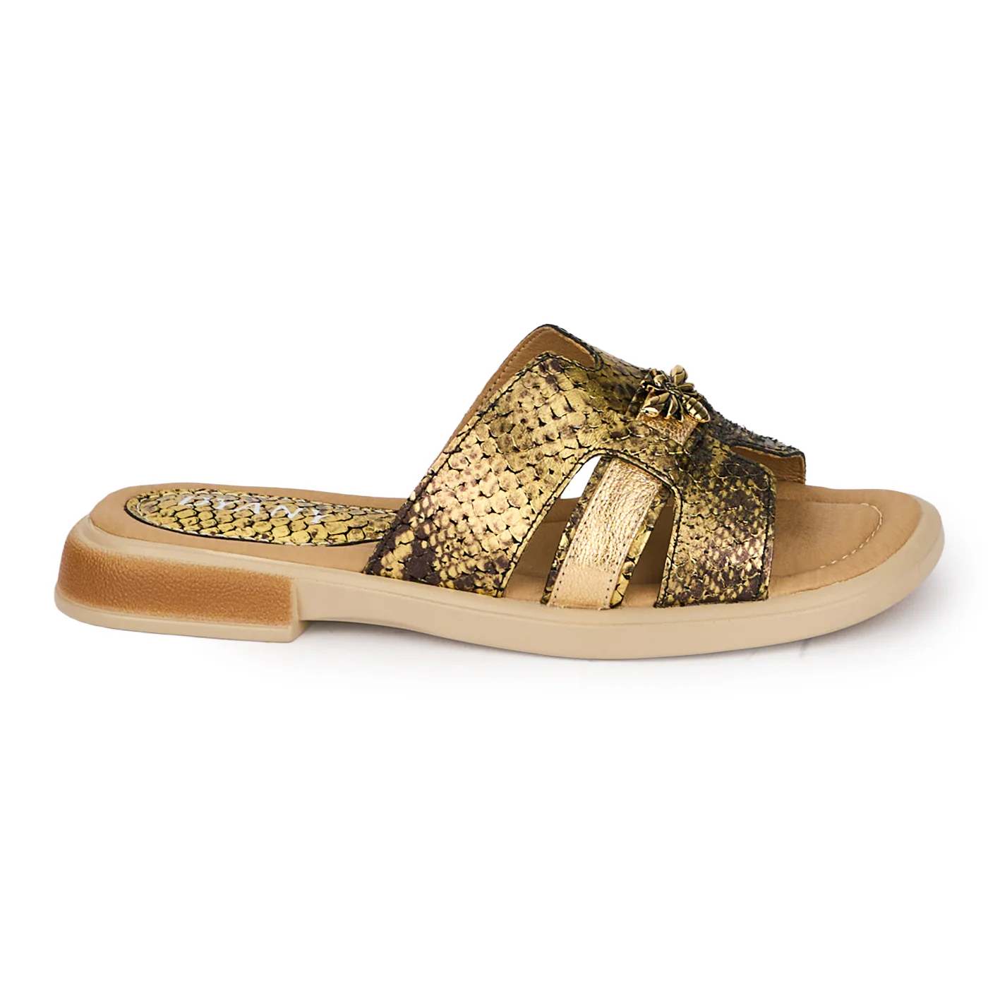 Papuci dama din piele naturala aurie cu accesoriu 18367