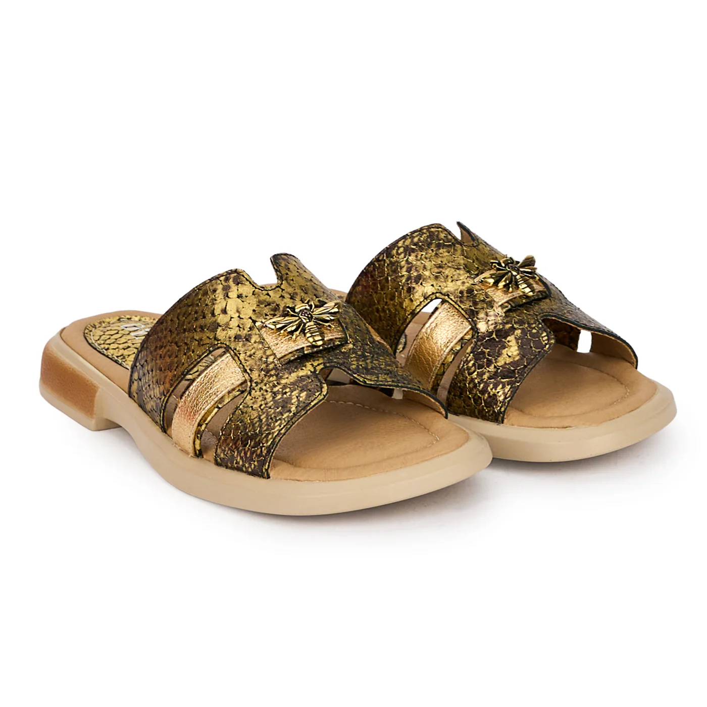Papuci dama din piele naturala aurie cu accesoriu 18367 - Image 4