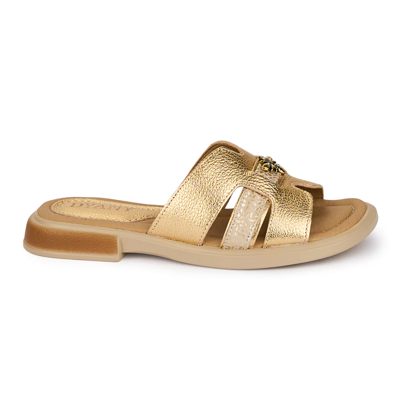 Papuci dama din piele naturala aurie cu accesoriu 18395