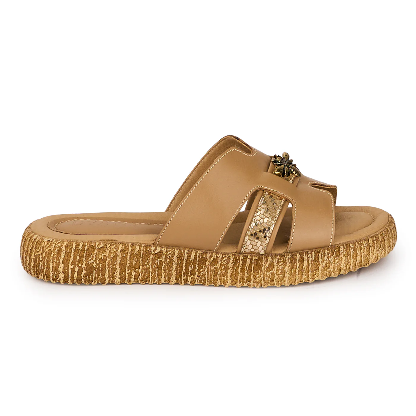 Papuci dama din piele naturala bej cu accesoriu 18338