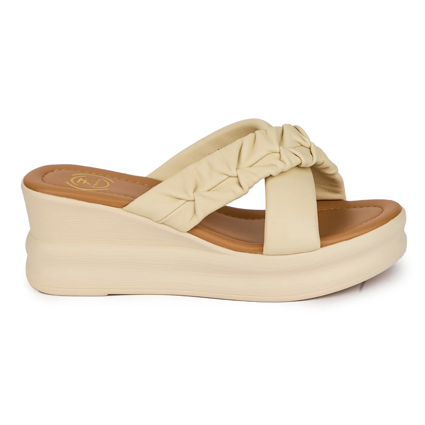 Papuci dama din piele naturala crem cu platforma 18241