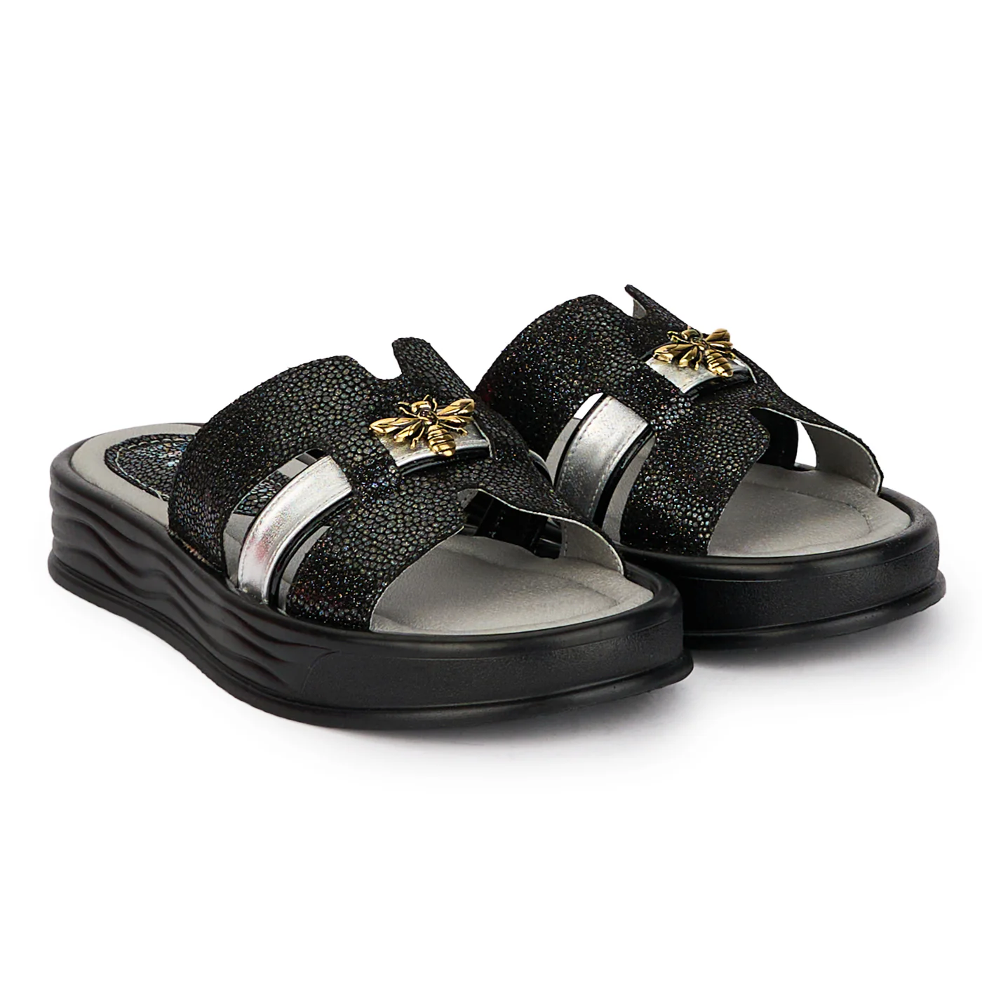Papuci dama din piele naturala neagra cu accesoriu 18361 - Image 4