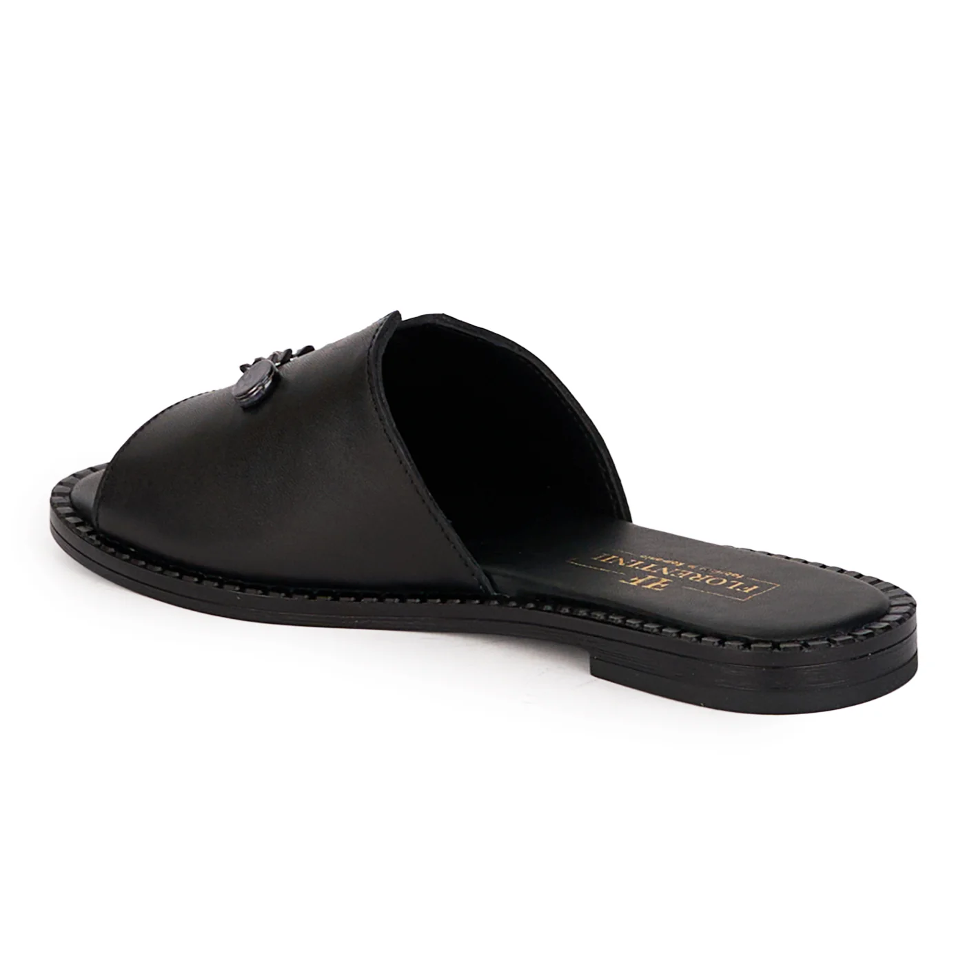 Papuci dama din piele naturala neagra cu accesoriu metalic 18451 - Image 2