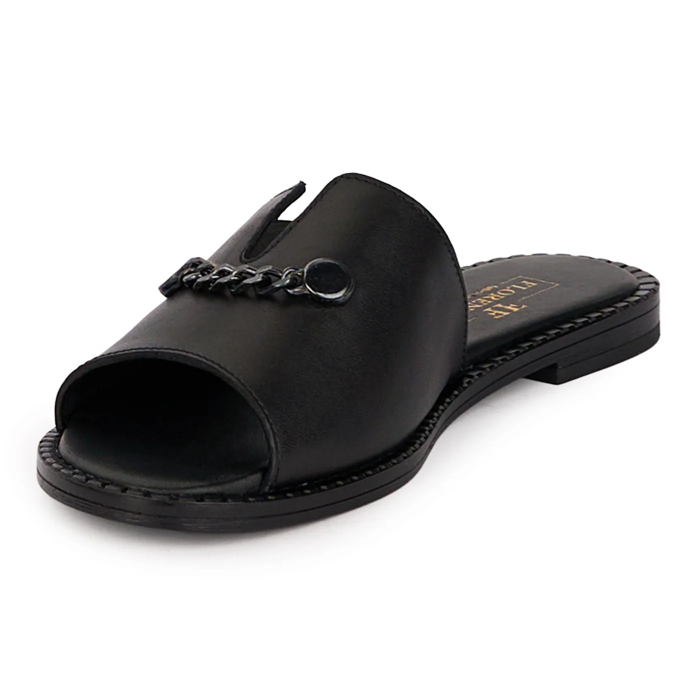 Papuci dama din piele naturala neagra cu accesoriu metalic 18451 - Image 3