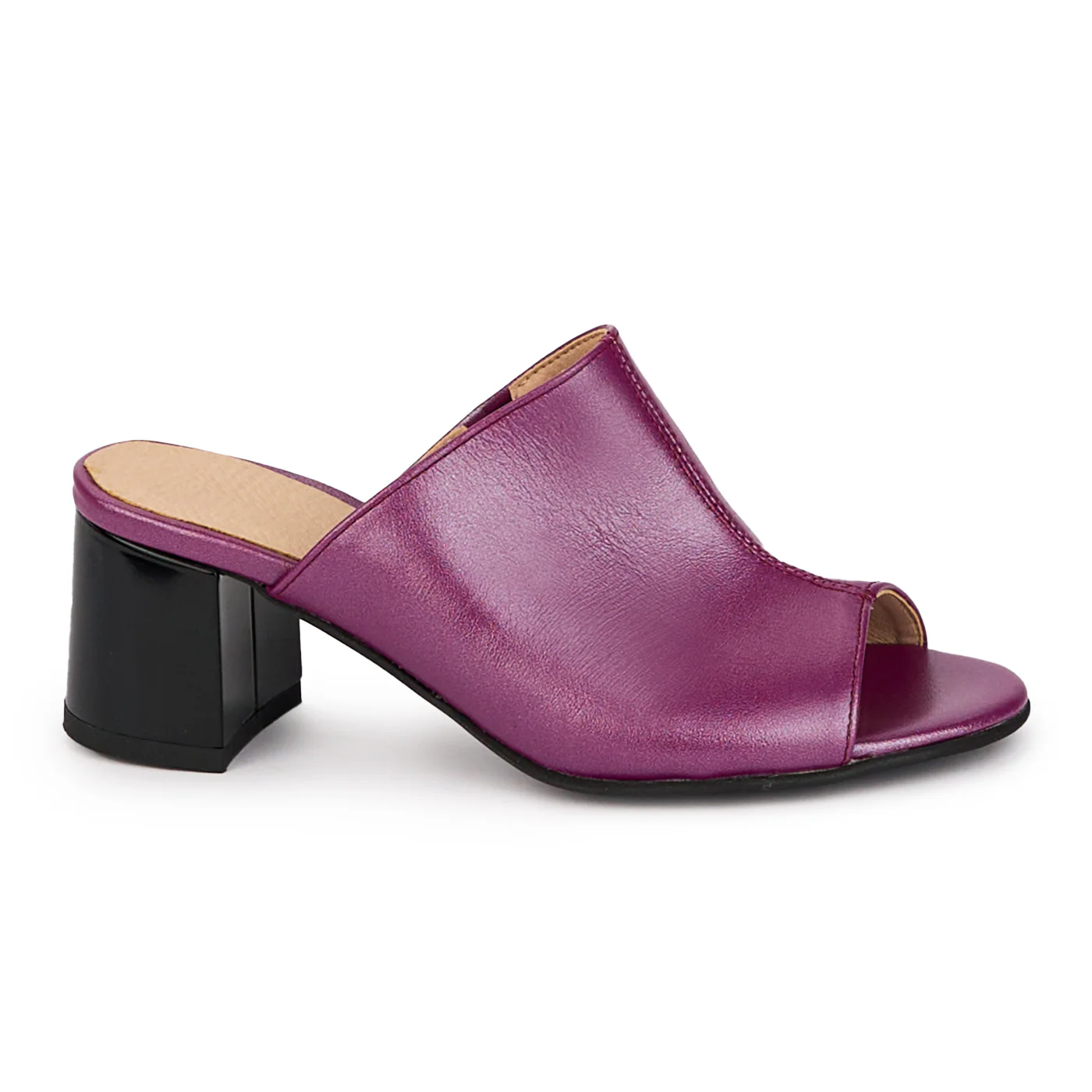 Saboti dama din piele naturala mov sidef cu toc gros 6 cm 18325