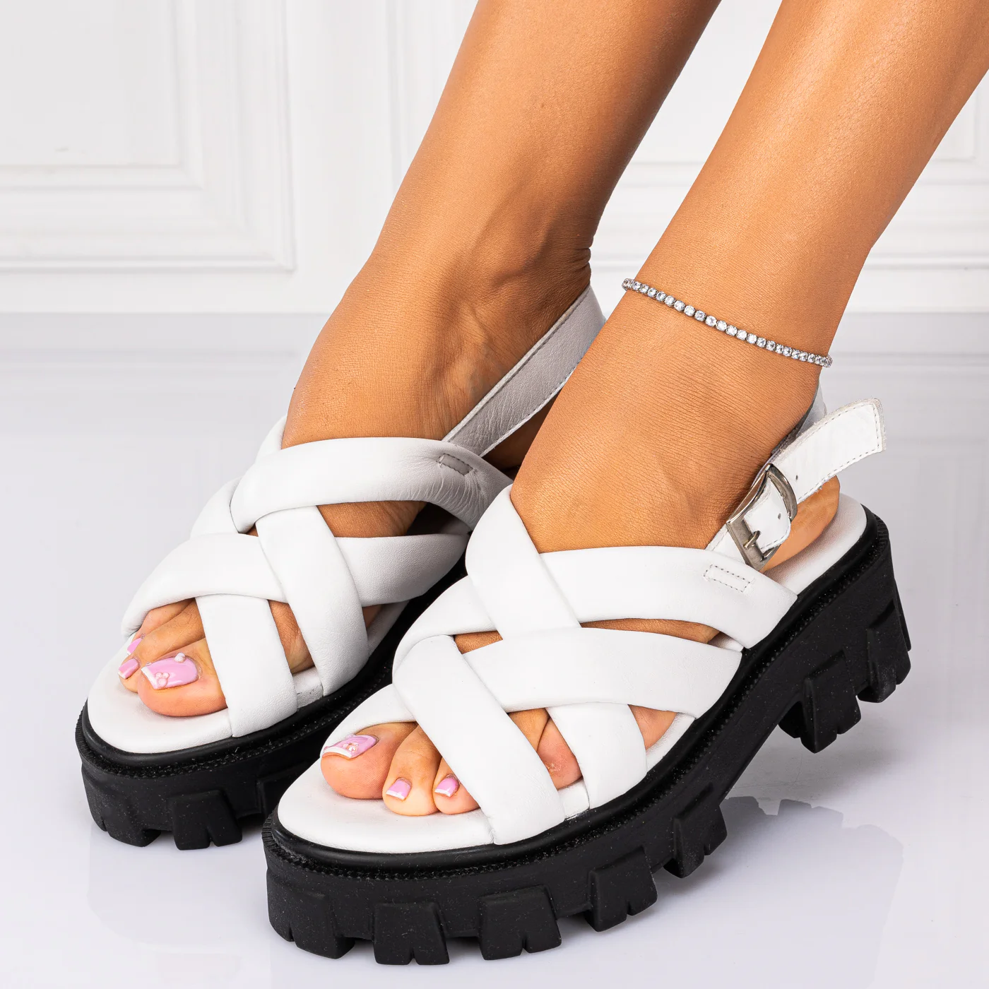 Sandale dama din piele naturala alba cu platforma 13267
