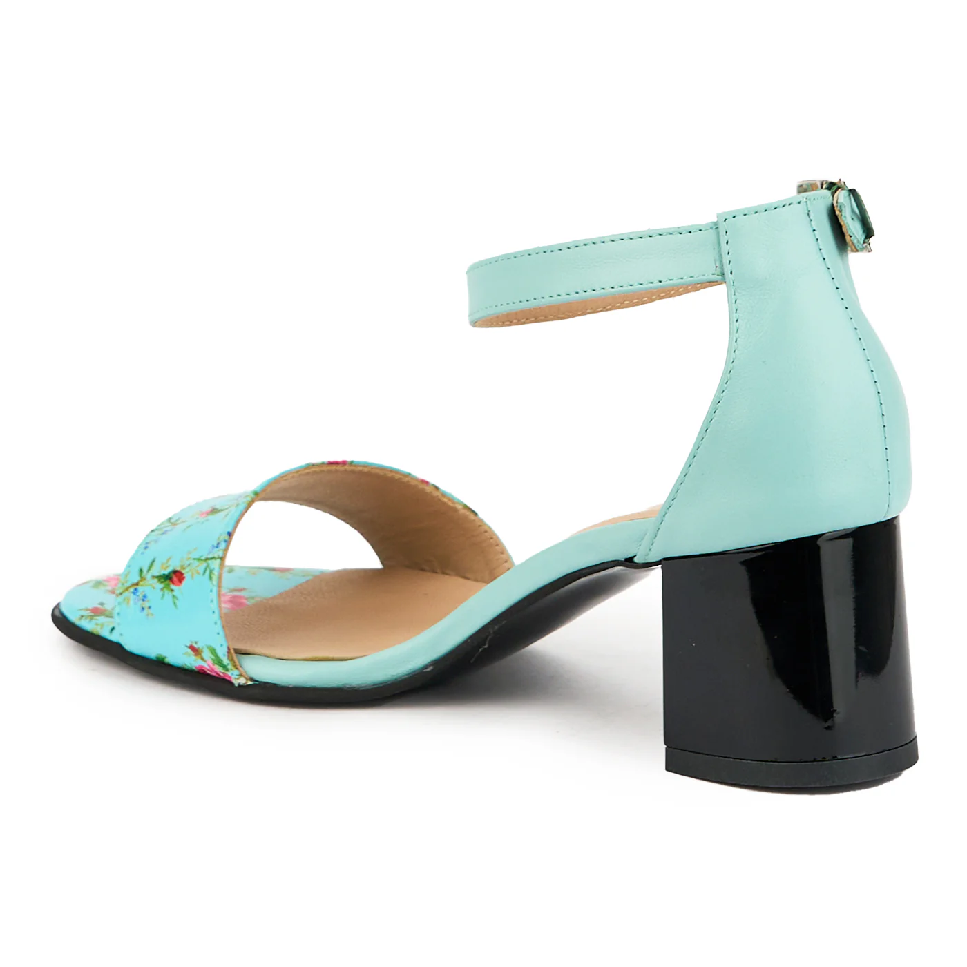 Sandale dama din piele naturala albastru - floral cu toc gros 6 cm 14917 - Image 2
