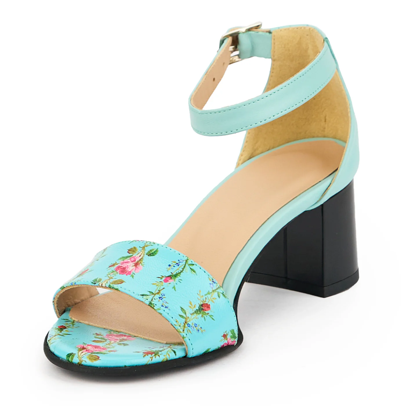 Sandale dama din piele naturala albastru - floral cu toc gros 6 cm 14917 - Image 3