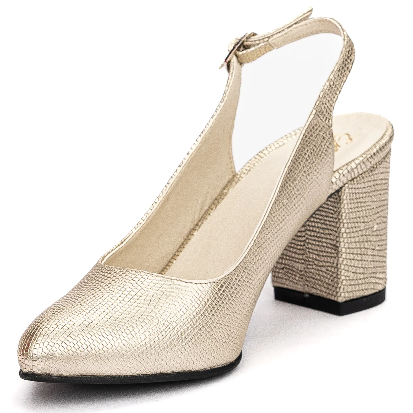 Sandale dama din piele naturala aurie cu toc gros 7.5cm 13708 - Image 3