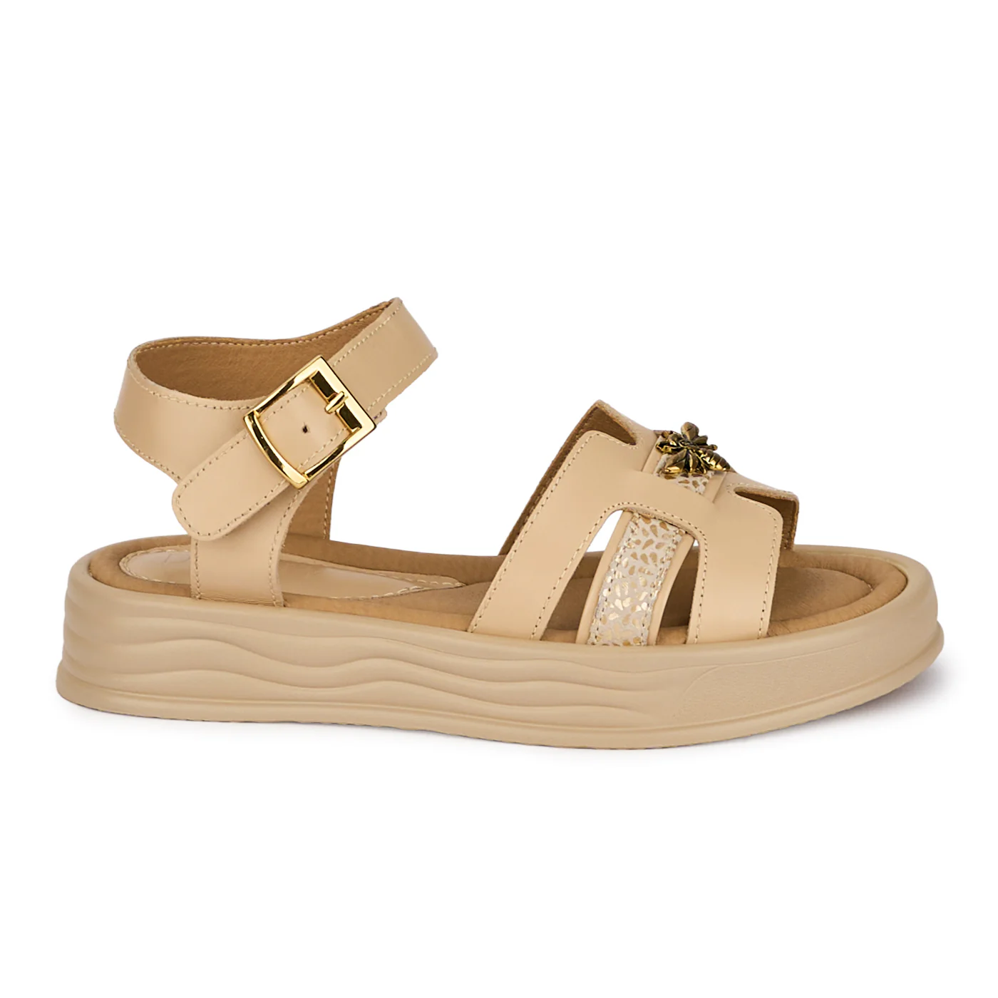 Sandale dama din piele naturala bej cu accesoriu metalic 18533