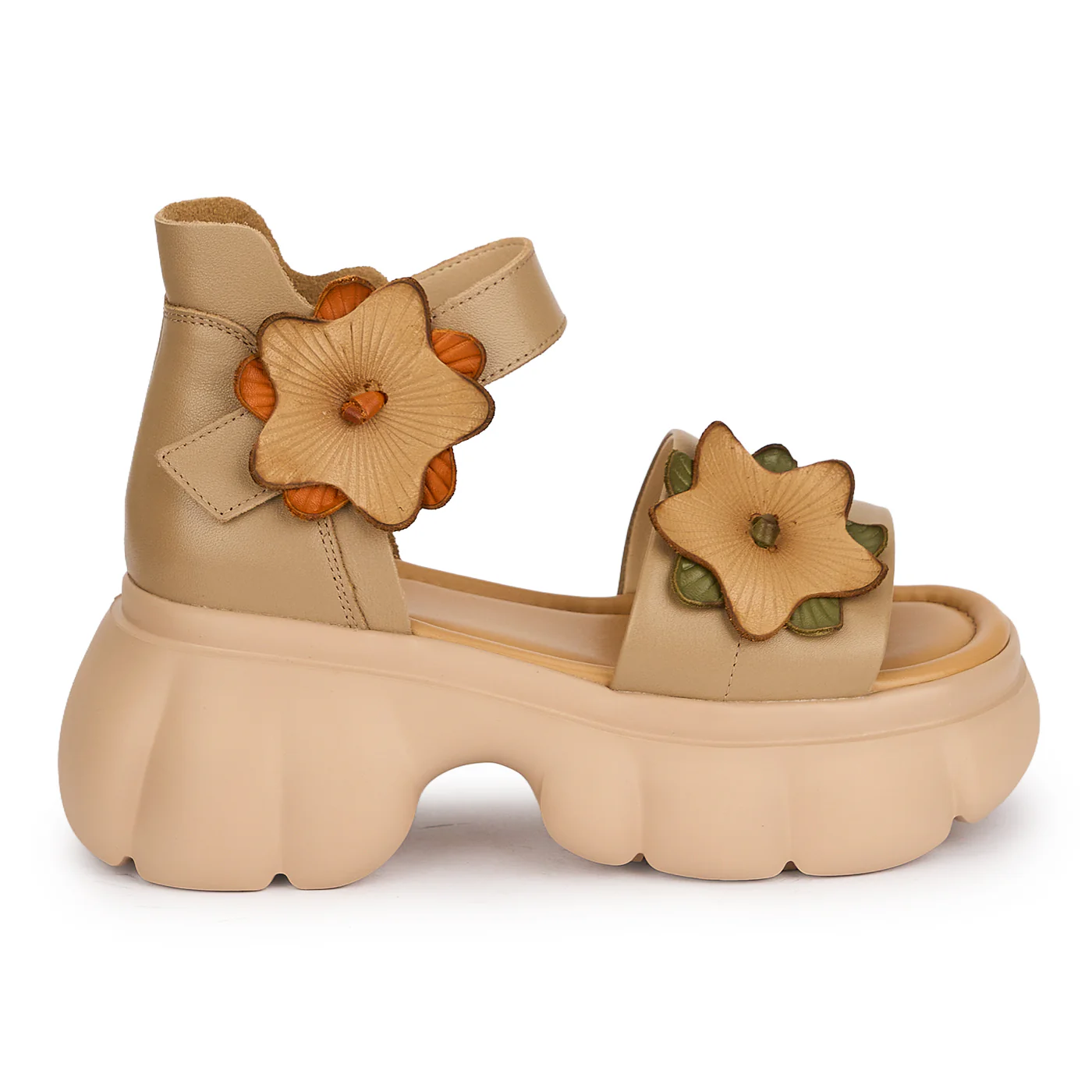 Sandale dama din piele naturala bej cu talpa inalta 7 cm 19656