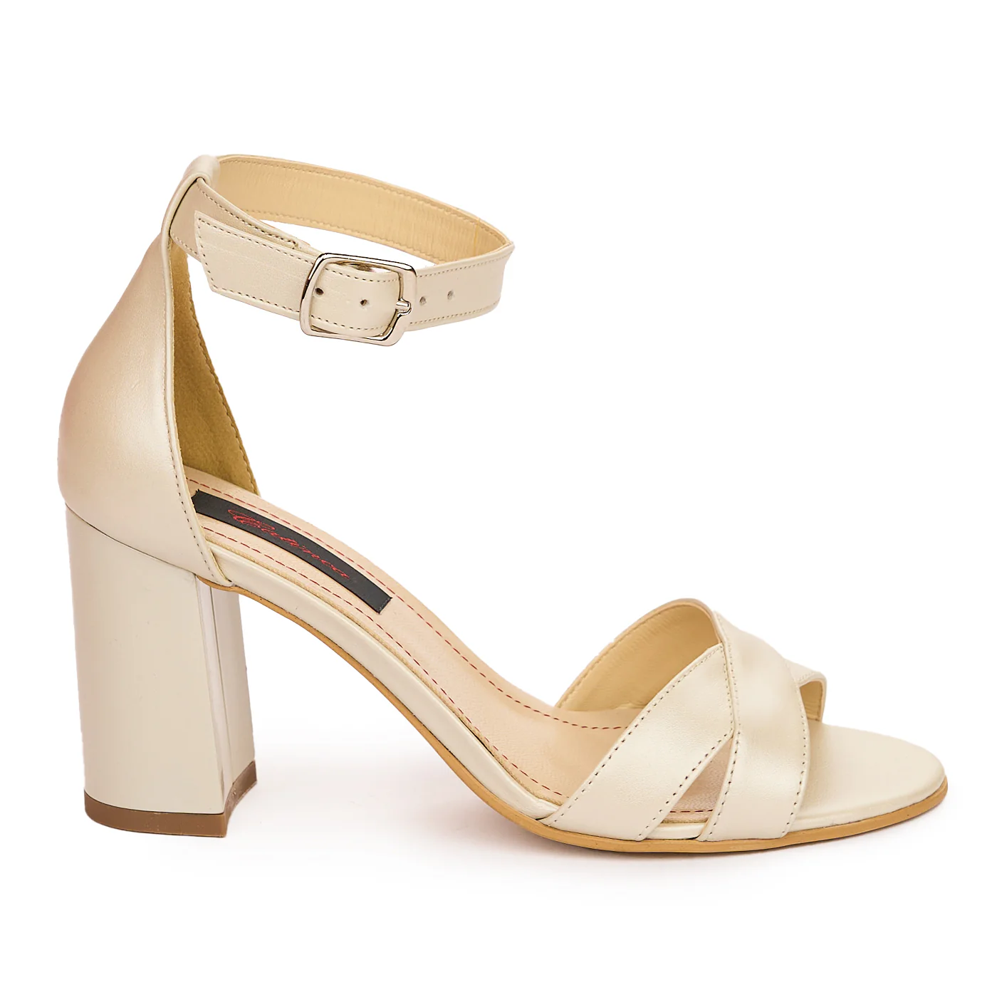 Sandale dama din piele naturala bej sidefat cu toc gros 8 cm 13803