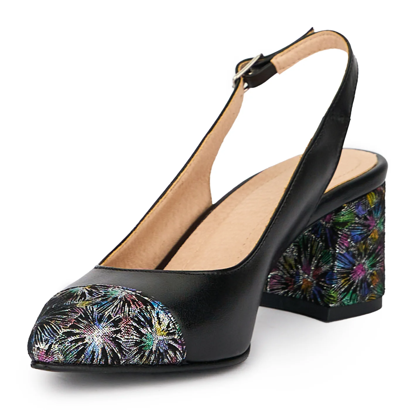 Sandale dama din piele naturala cu model floral si toc gros 6 cm 15420 - Image 3