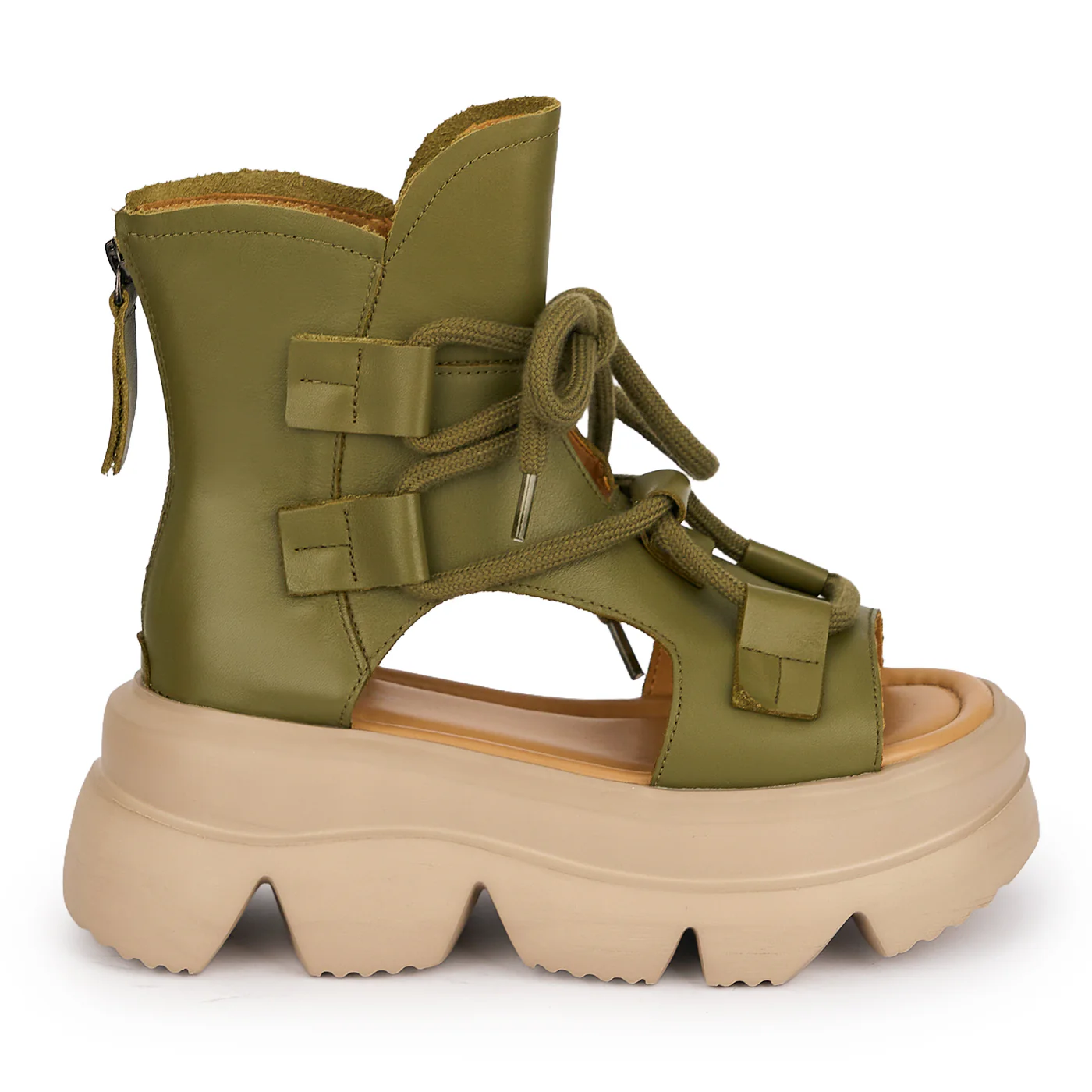 Sandale dama din piele naturala kaki cu talpa inalta 7 cm 19650