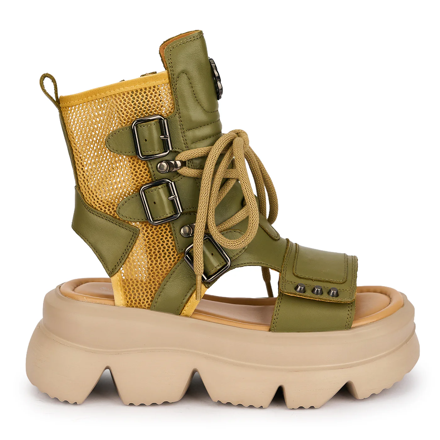 Sandale dama din piele naturala kaki cu talpa inalta 7 cm 19654