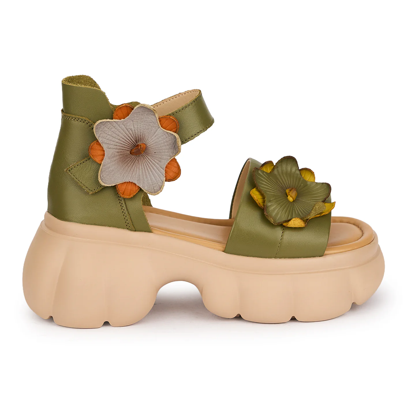 Sandale dama din piele naturala kaki cu talpa inalta 7 cm 19657